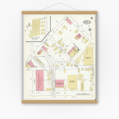 Old map wall art mockup — magnetic wood frame on white wall — Sanborn Fire Insurance Map from Greenville, Pitt County, North Carolina (1916), Sheet #0008