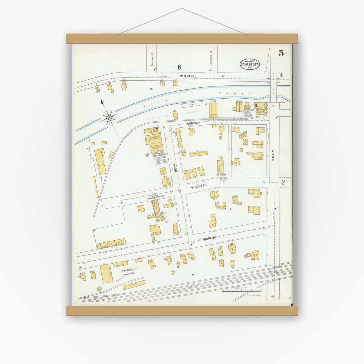 Old map wall art mockup — magnetic wood frame on white wall — Sanborn Fire Insurance Map from Canastota, Madison County, New York (1900), Sheet #0005