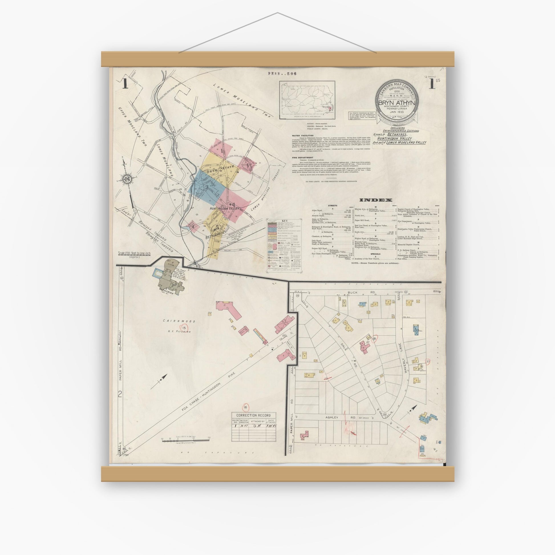 Old map wall art mockup — magnetic wood frame on white wall — Sanborn Fire Insurance Map from Bryn Athyn, Montgomery County, Pennsylvania (1941), Sheet #0001