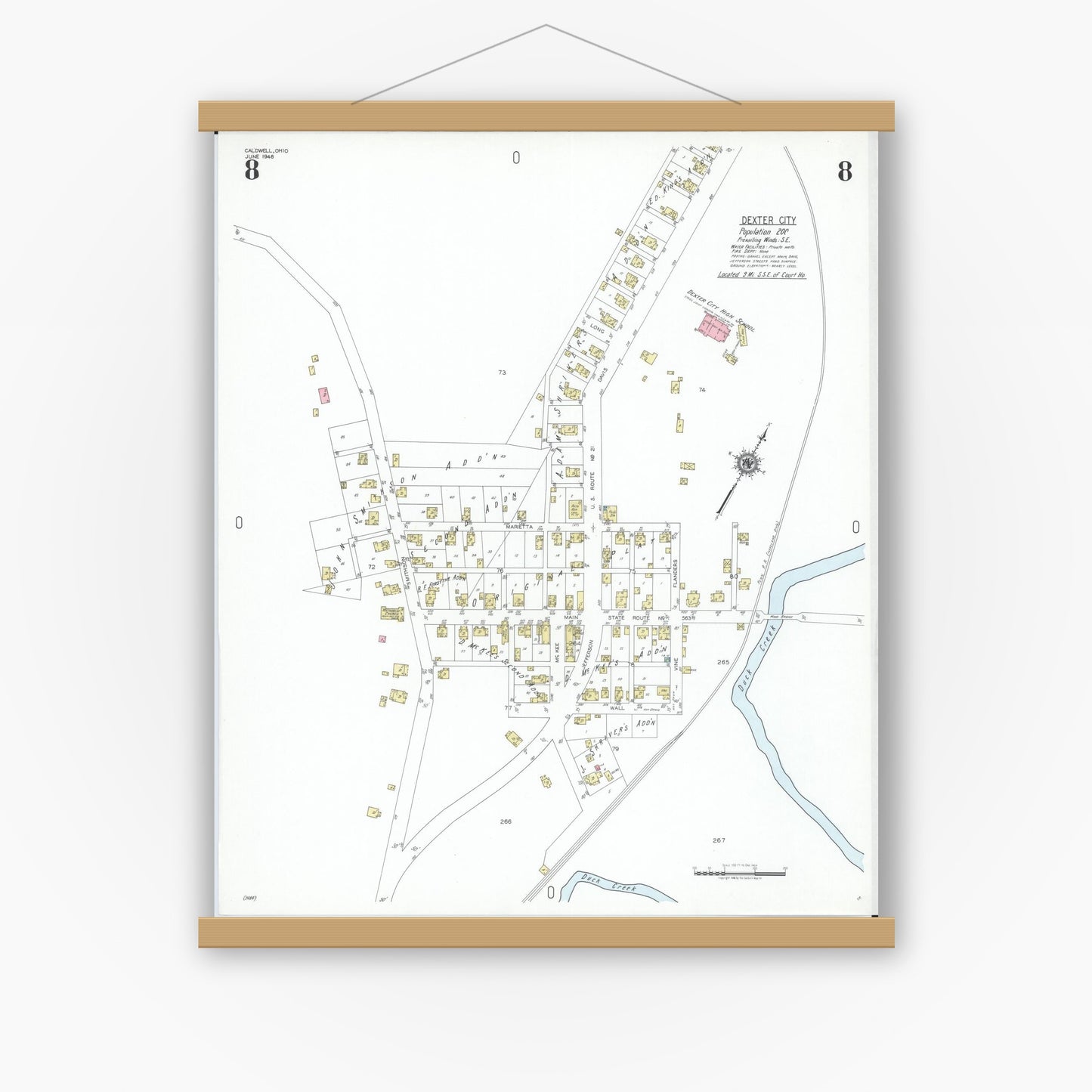 Old map wall art mockup — magnetic wood frame on white wall — Sanborn Fire Insurance Map from Caldwell, Noble County, Ohio (1948), Sheet #0008
