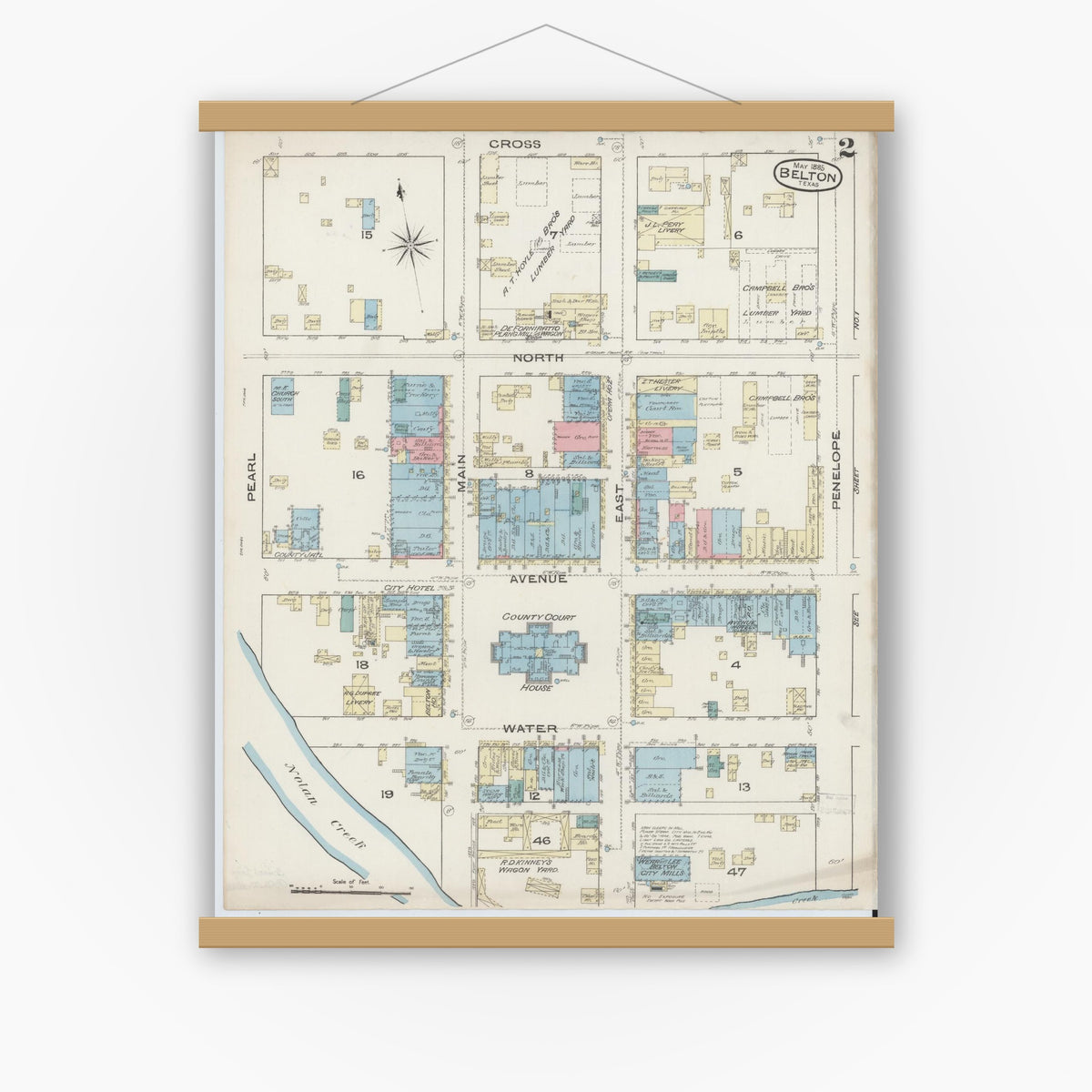 Old map wall art mockup — magnetic wood frame on white wall — Sanborn Fire Insurance Map from Belton, Bell County, Texas (1885), Sheet #0002