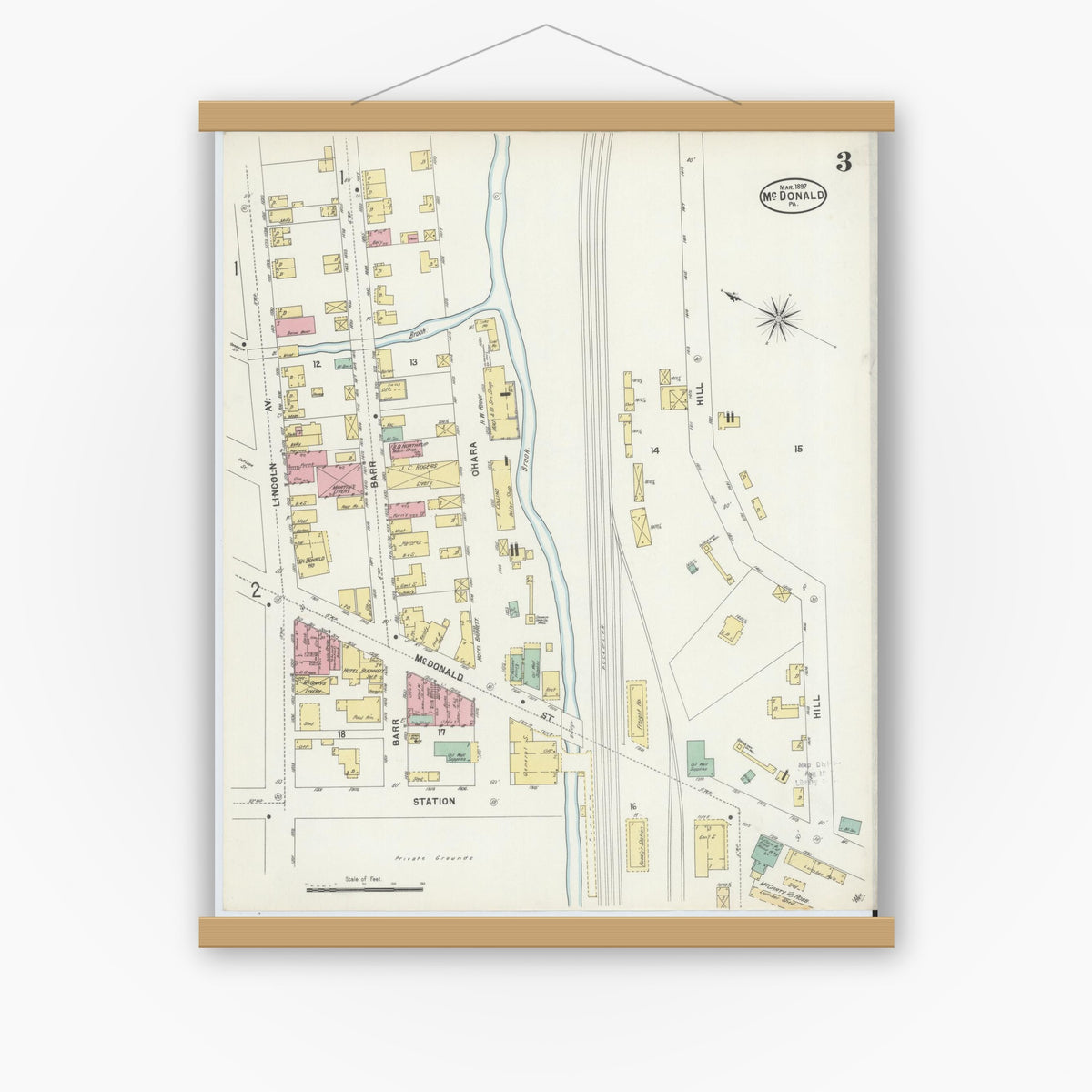 Old map wall art mockup — magnetic wood frame on white wall — Sanborn Fire Insurance Map from McDonald, Washington County, Pennsylvania (1897), Sheet #0003