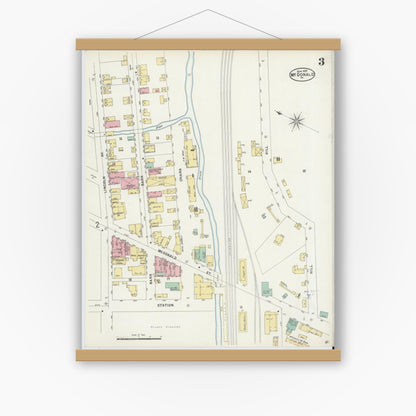 Old map wall art mockup — magnetic wood frame on white wall — Sanborn Fire Insurance Map from McDonald, Washington County, Pennsylvania (1897), Sheet #0003