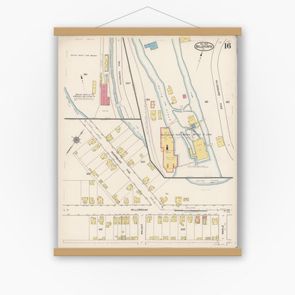 Old map wall art mockup — magnetic wood frame on white wall — Sanborn Fire Insurance Map from Bellefonte, Centre County, Pennsylvania (1922), Sheet #0016
