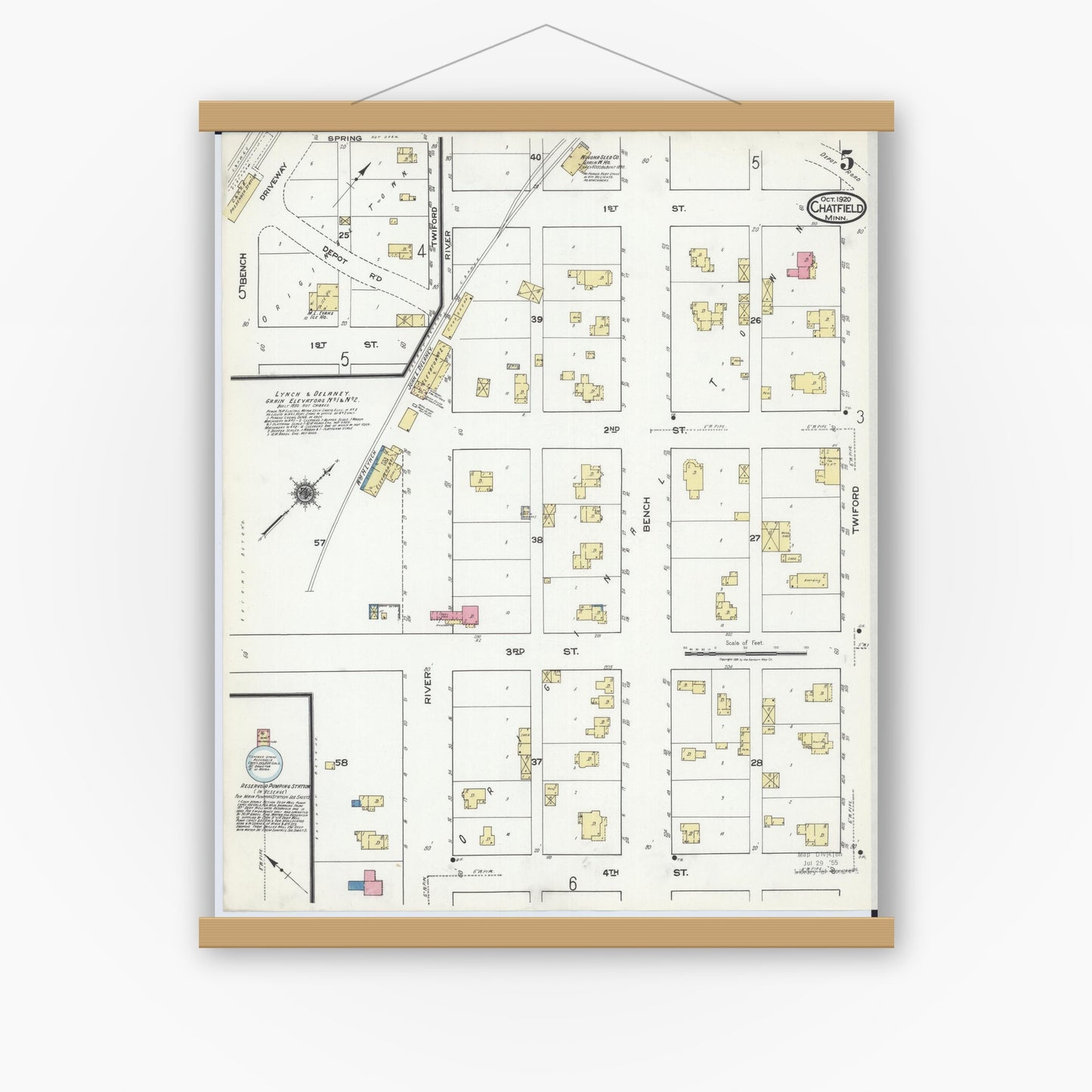 Old map wall art mockup — magnetic wood frame on white wall — Sanborn Fire Insurance Map from Chatfield, Fillmore And Olmsted Counties, Minnesota (1920), Sheet #0005