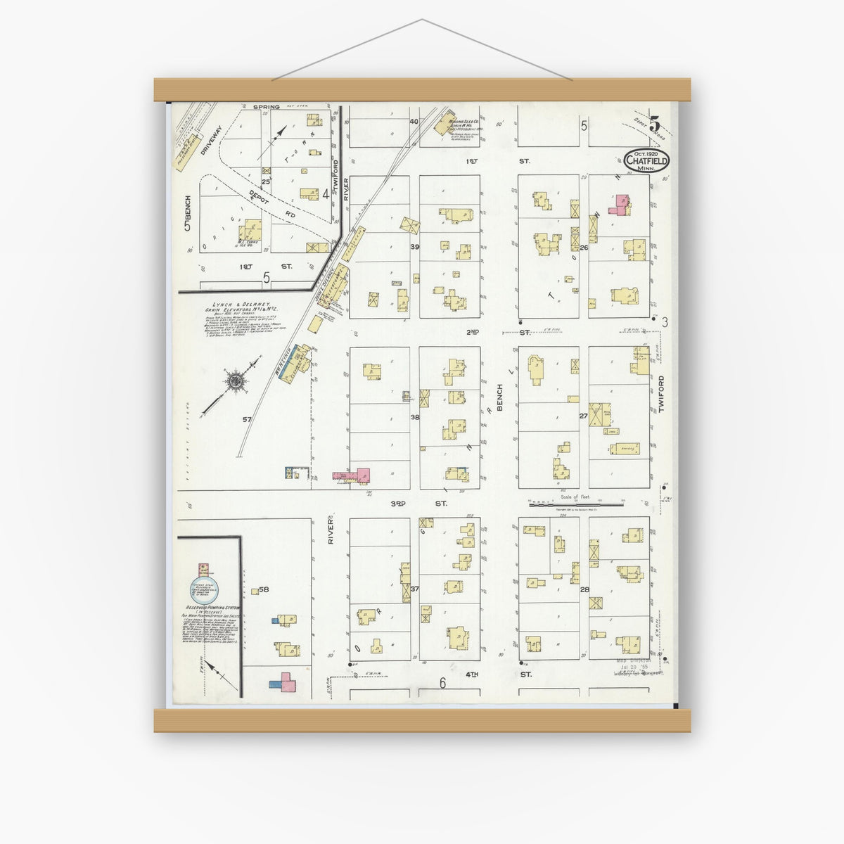 Old map wall art mockup — magnetic wood frame on white wall — Sanborn Fire Insurance Map from Chatfield, Fillmore And Olmsted Counties, Minnesota (1920), Sheet #0005