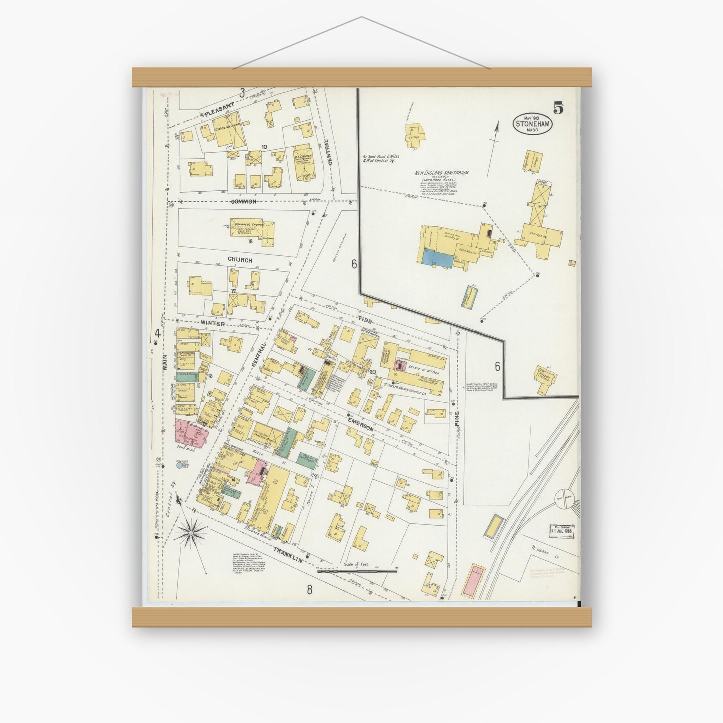 Old map wall art mockup — magnetic wood frame on white wall — Sanborn Fire Insurance Map from Stoneham, Middlesex County, Massachusetts (1903), Sheet #0005
