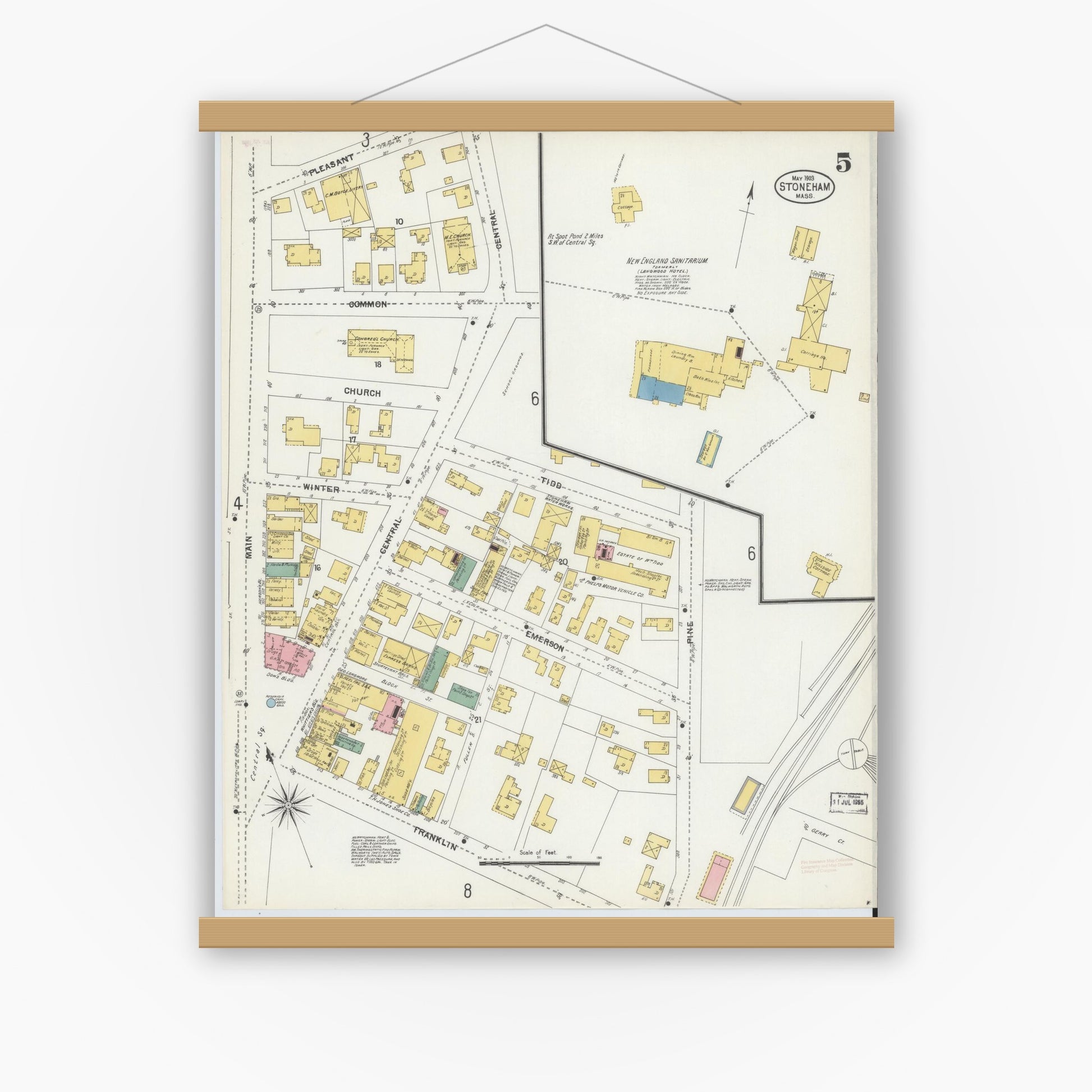 Old map wall art mockup — magnetic wood frame on white wall — Sanborn Fire Insurance Map from Stoneham, Middlesex County, Massachusetts (1903), Sheet #0005
