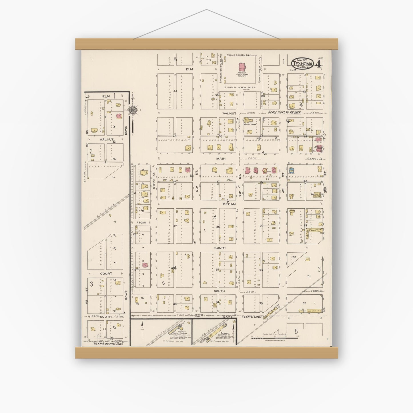 Old map wall art mockup — magnetic wood frame on white wall — Sanborn Fire Insurance Map from Texhoma, Texas County, Oklahoma and Sherman County, Texas, Texas (1922), Sheet #0004