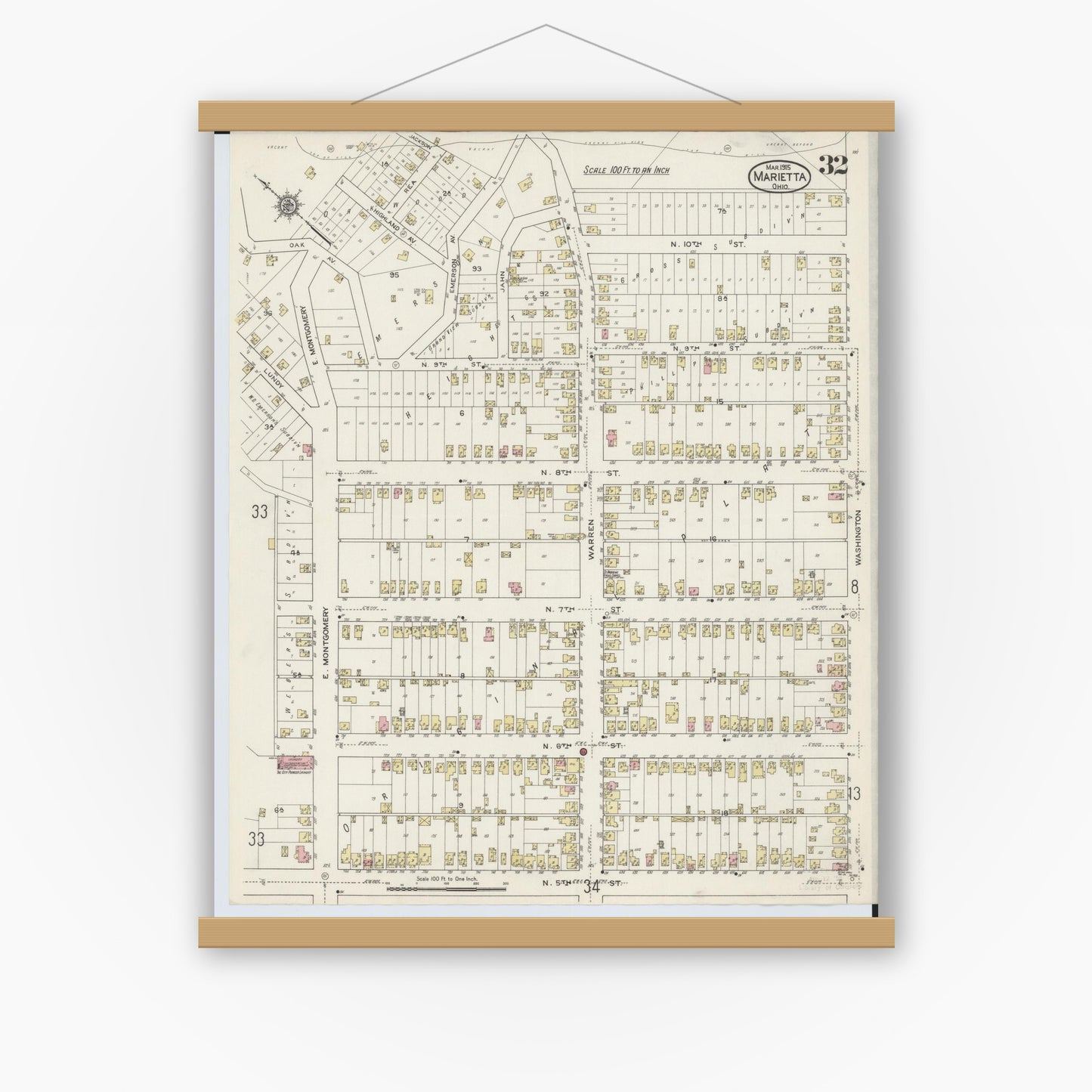 Old map wall art mockup — magnetic wood frame on white wall — Sanborn Fire Insurance Map from Marietta, Washington County, Ohio (1915), Sheet #0032