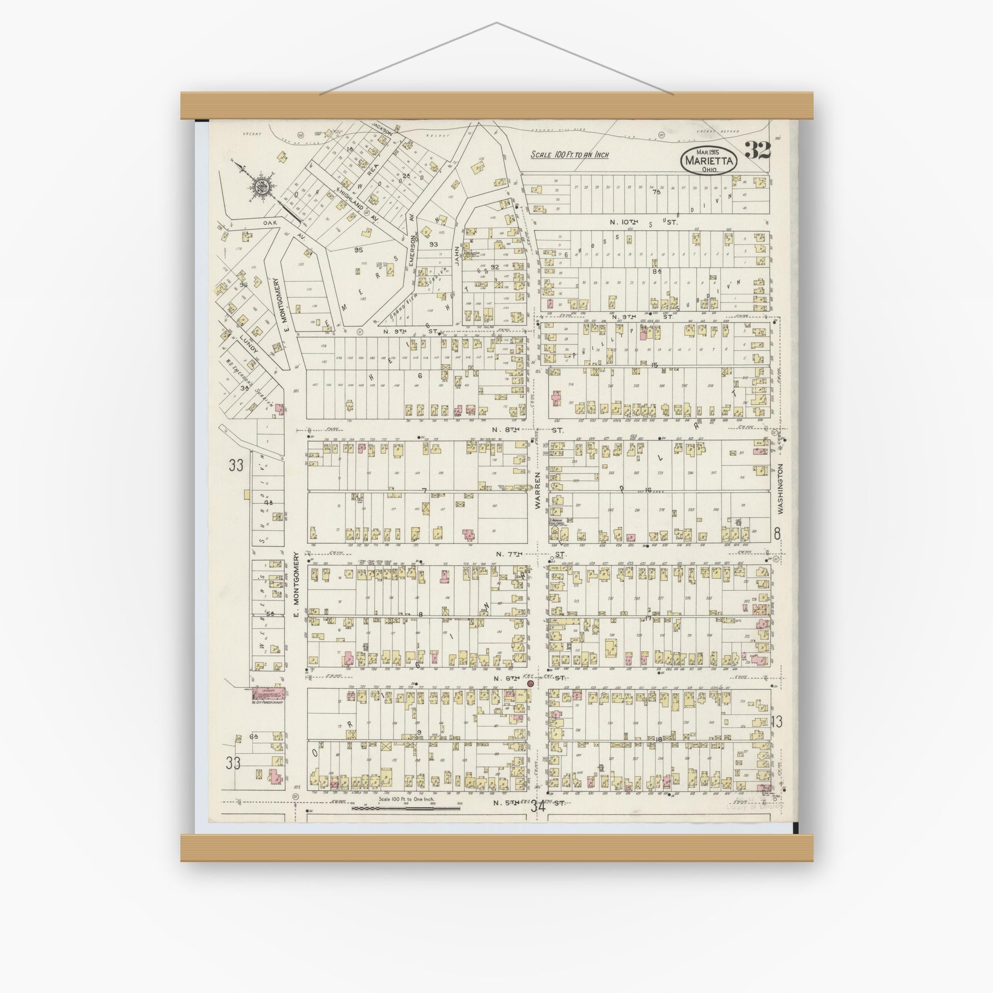 Old map wall art mockup — magnetic wood frame on white wall — Sanborn Fire Insurance Map from Marietta, Washington County, Ohio (1915), Sheet #0032