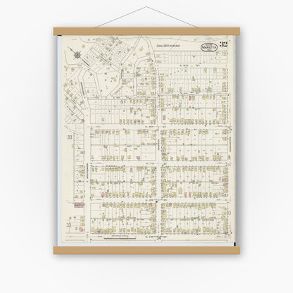 Old map wall art mockup — magnetic wood frame on white wall — Sanborn Fire Insurance Map from Marietta, Washington County, Ohio (1915), Sheet #0032