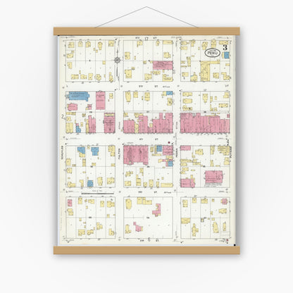 Old map wall art mockup — magnetic wood frame on white wall — Sanborn Fire Insurance Map from Peru, La Salle County, Illinois (1916), Sheet #0003