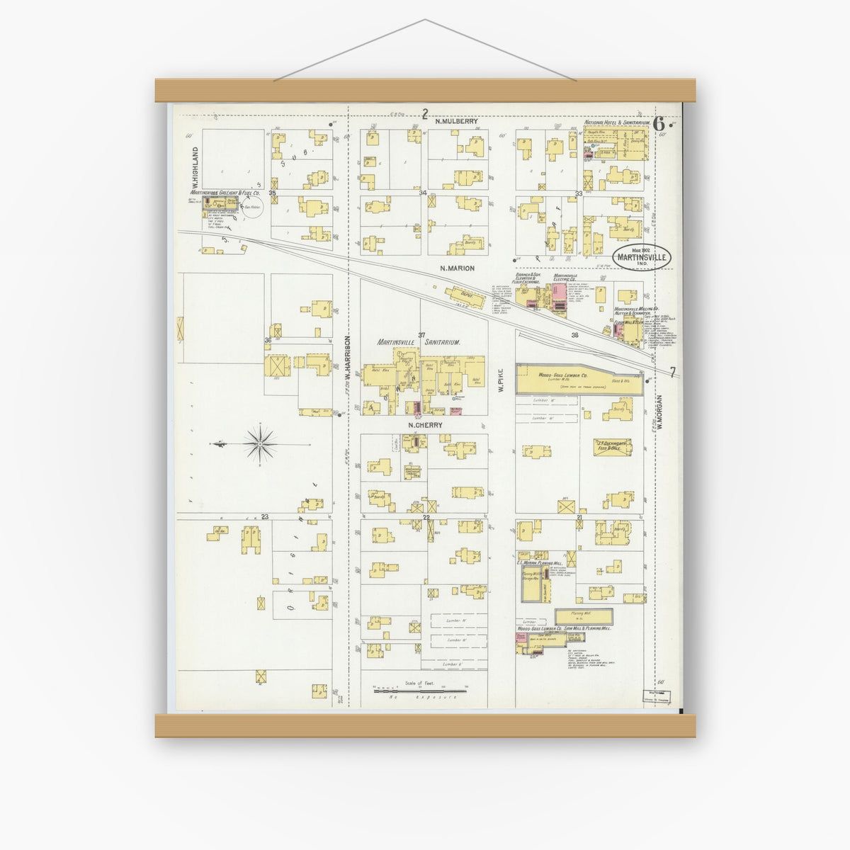 Old map wall art mockup — magnetic wood frame on white wall — Sanborn Fire Insurance Map from Martinsville, Morgan County, Indiana (1902), Sheet #0006