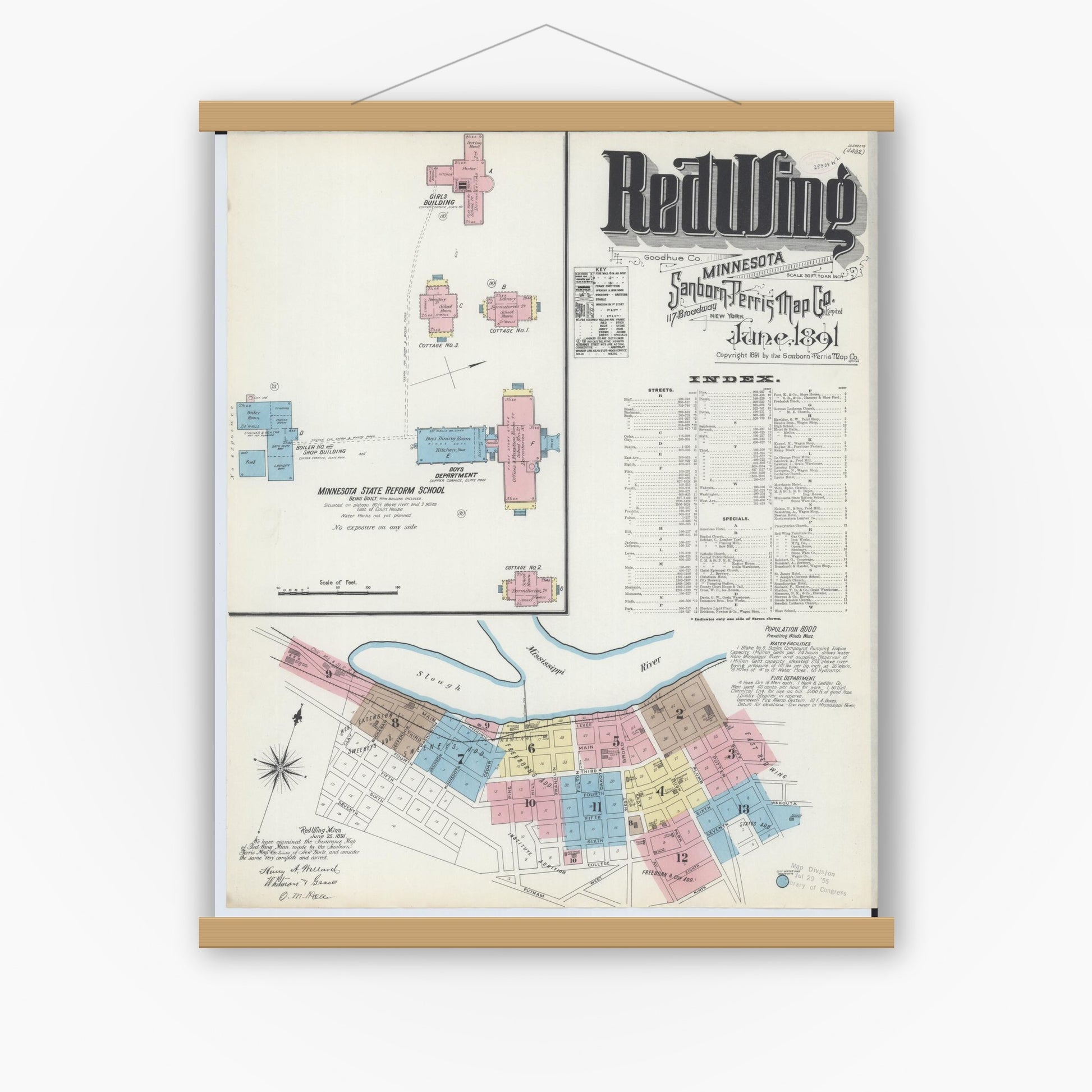 Old map wall art mockup — magnetic wood frame on white wall — Sanborn Fire Insurance Map from Red Wing, Goodhue County, Minnesota (1891) - Complete Map Set