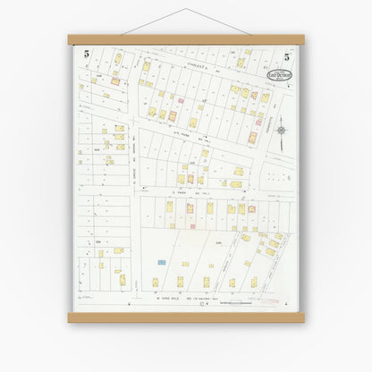 Old map wall art mockup — magnetic wood frame on white wall — Sanborn Fire Insurance Map from East Detroit, Macomb County, Michigan (1931), Sheet #0005