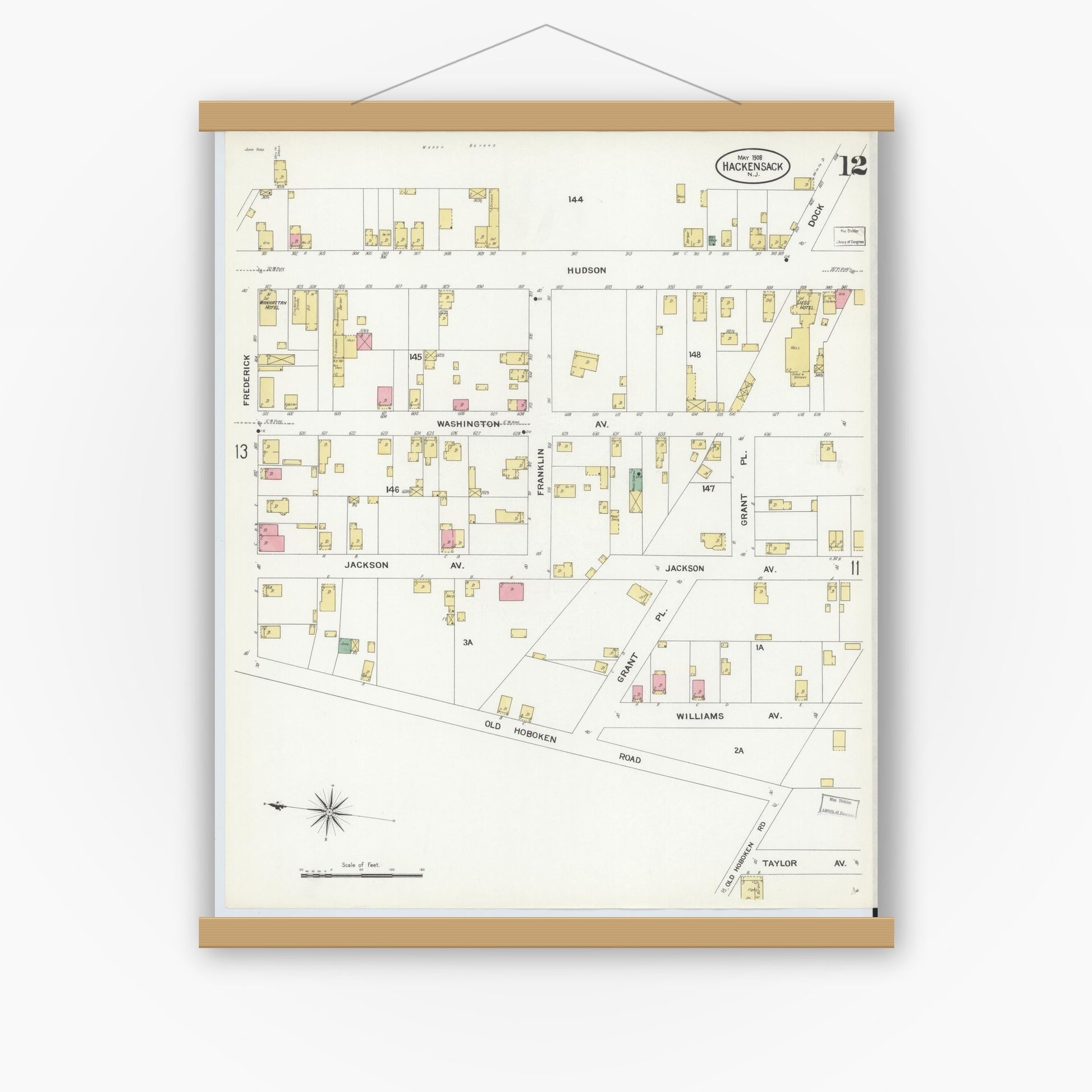 Old map wall art mockup — magnetic wood frame on white wall — Sanborn Fire Insurance Map from Hackensack, Bergen County, New Jersey (1908), Sheet #0012