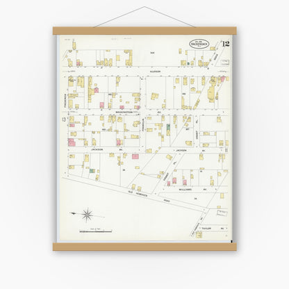 Old map wall art mockup — magnetic wood frame on white wall — Sanborn Fire Insurance Map from Hackensack, Bergen County, New Jersey (1908), Sheet #0012