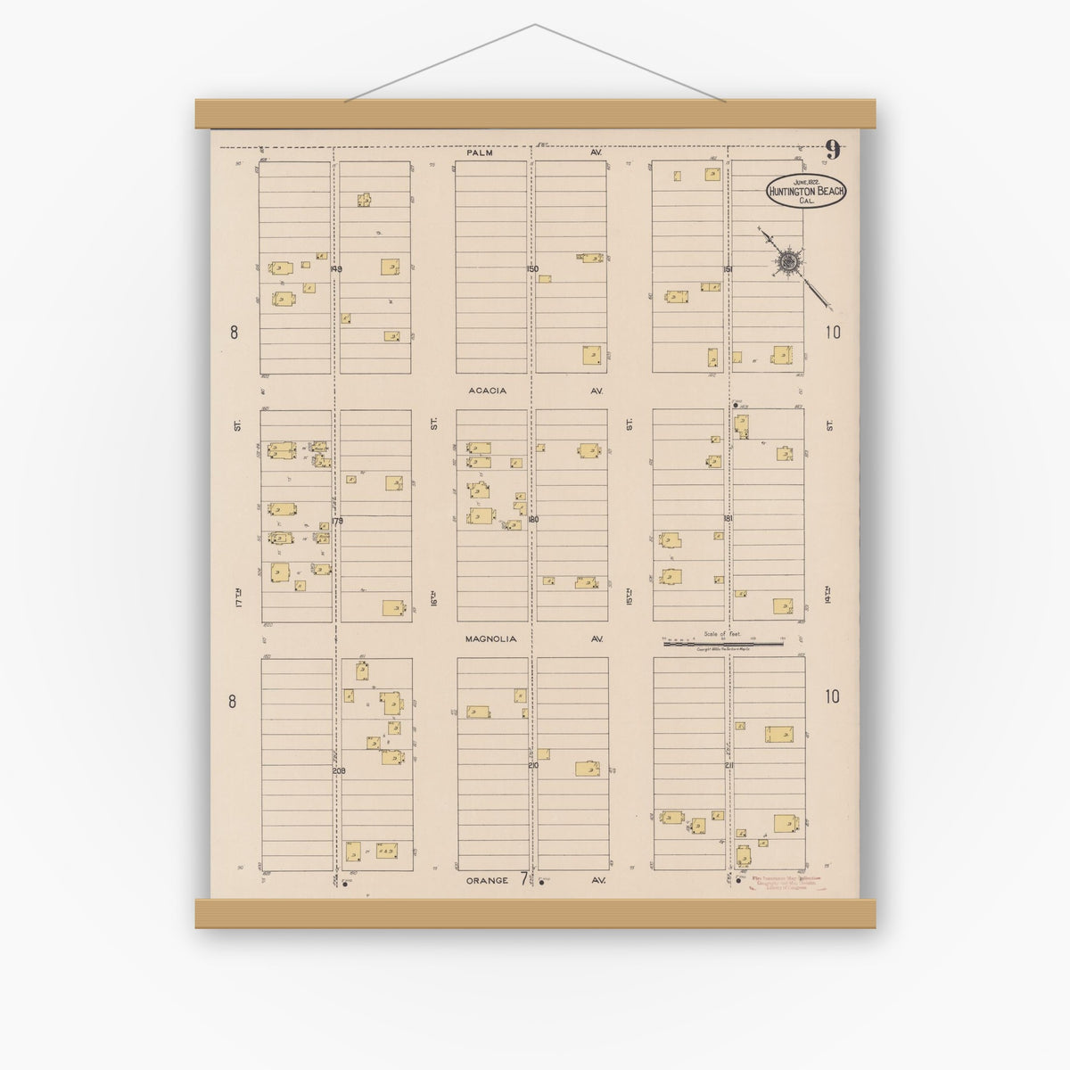 Old map wall art mockup — magnetic wood frame on white wall — Sanborn Fire Insurance Map from Huntington Beach, Orange County, California (1922), Sheet #0009