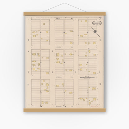 Old map wall art mockup — magnetic wood frame on white wall — Sanborn Fire Insurance Map from Huntington Beach, Orange County, California (1922), Sheet #0009