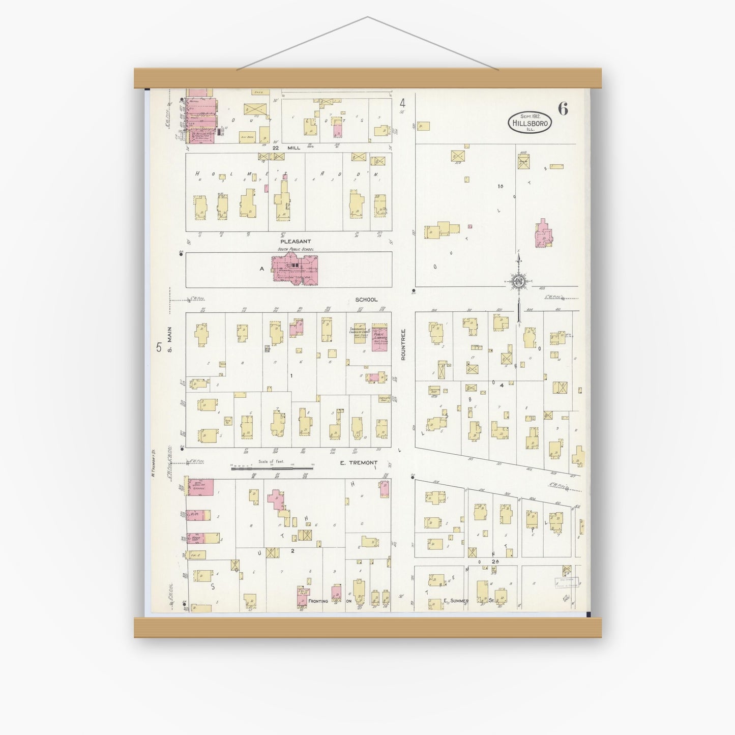 Old map wall art mockup — magnetic wood frame on white wall — Sanborn Fire Insurance Map from Hillsboro, Montgomery County, Illinois (1912), Sheet #0006