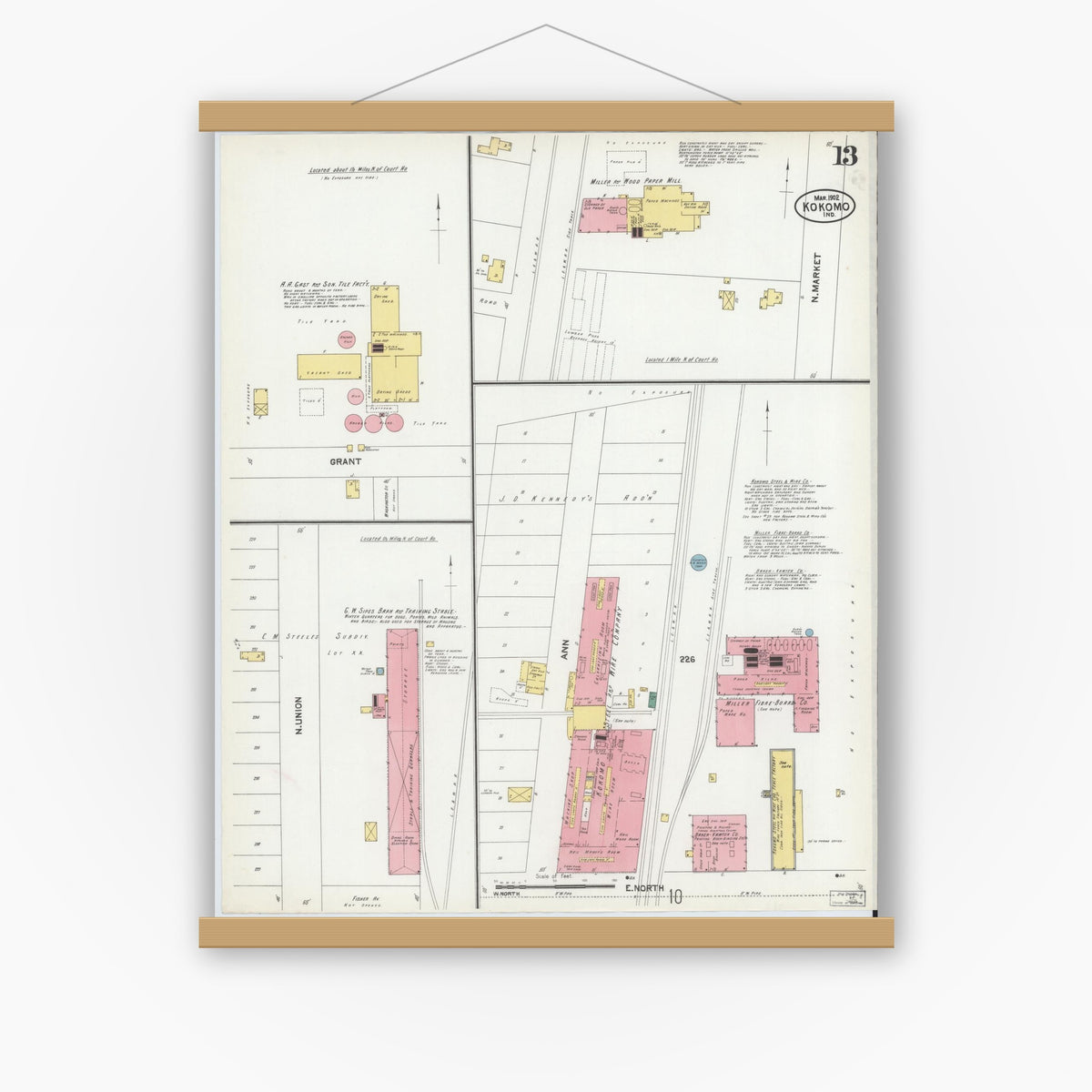Old map wall art mockup — magnetic wood frame on white wall — Sanborn Fire Insurance Map from Kokomo, Howard County, Indiana (1902), Sheet #0013