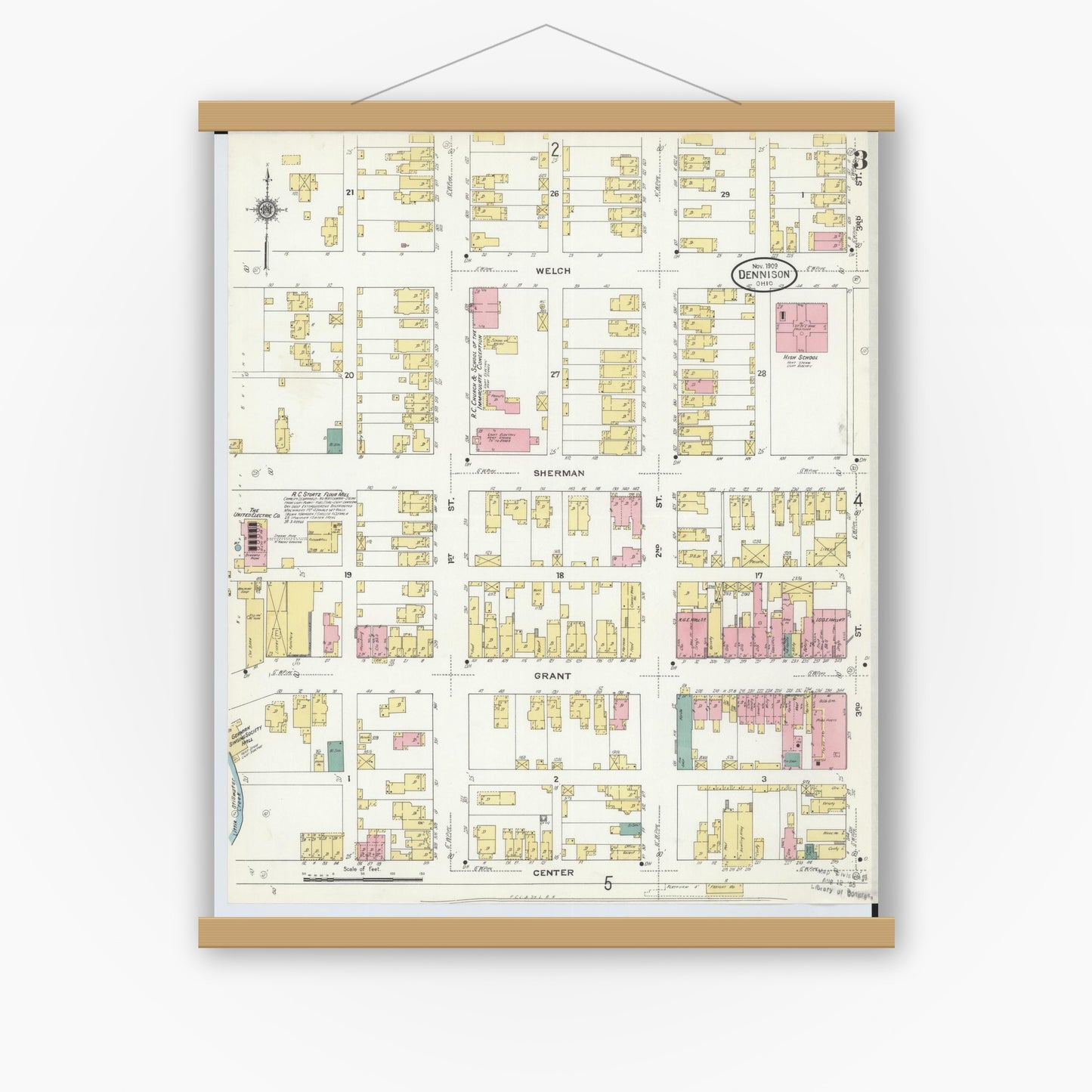 Old map wall art mockup — magnetic wood frame on white wall — Sanborn Fire Insurance Map from Dennison, Tuscarawas County, Ohio (1909), Sheet #0003