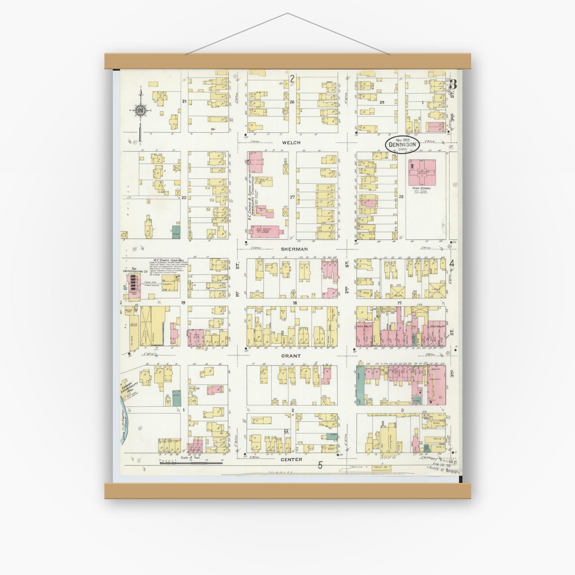 Old map wall art mockup — magnetic wood frame on white wall — Sanborn Fire Insurance Map from Dennison, Tuscarawas County, Ohio (1909), Sheet #0003