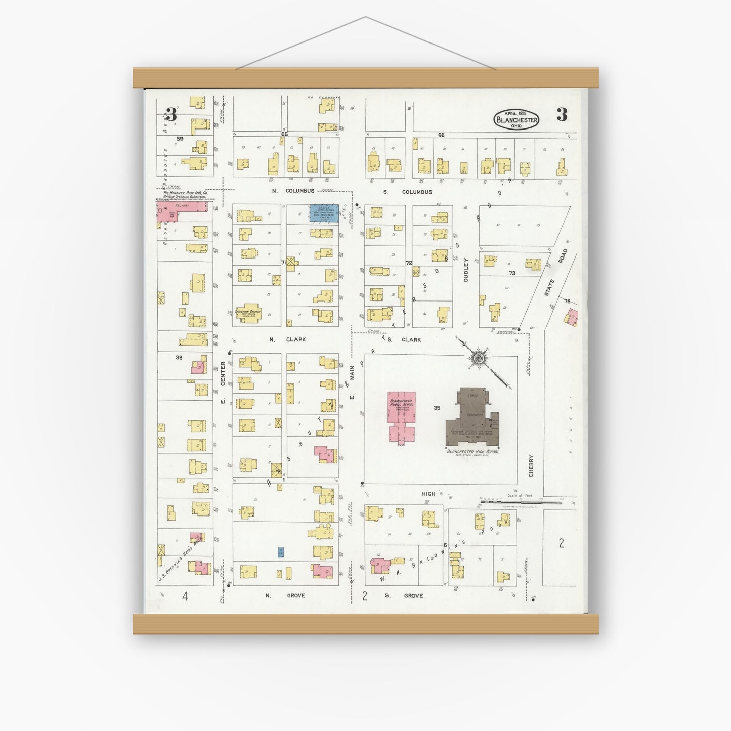 Old map wall art mockup — magnetic wood frame on white wall — Sanborn Fire Insurance Map from Blanchester, Clinton County, Ohio (1925), Sheet #0003