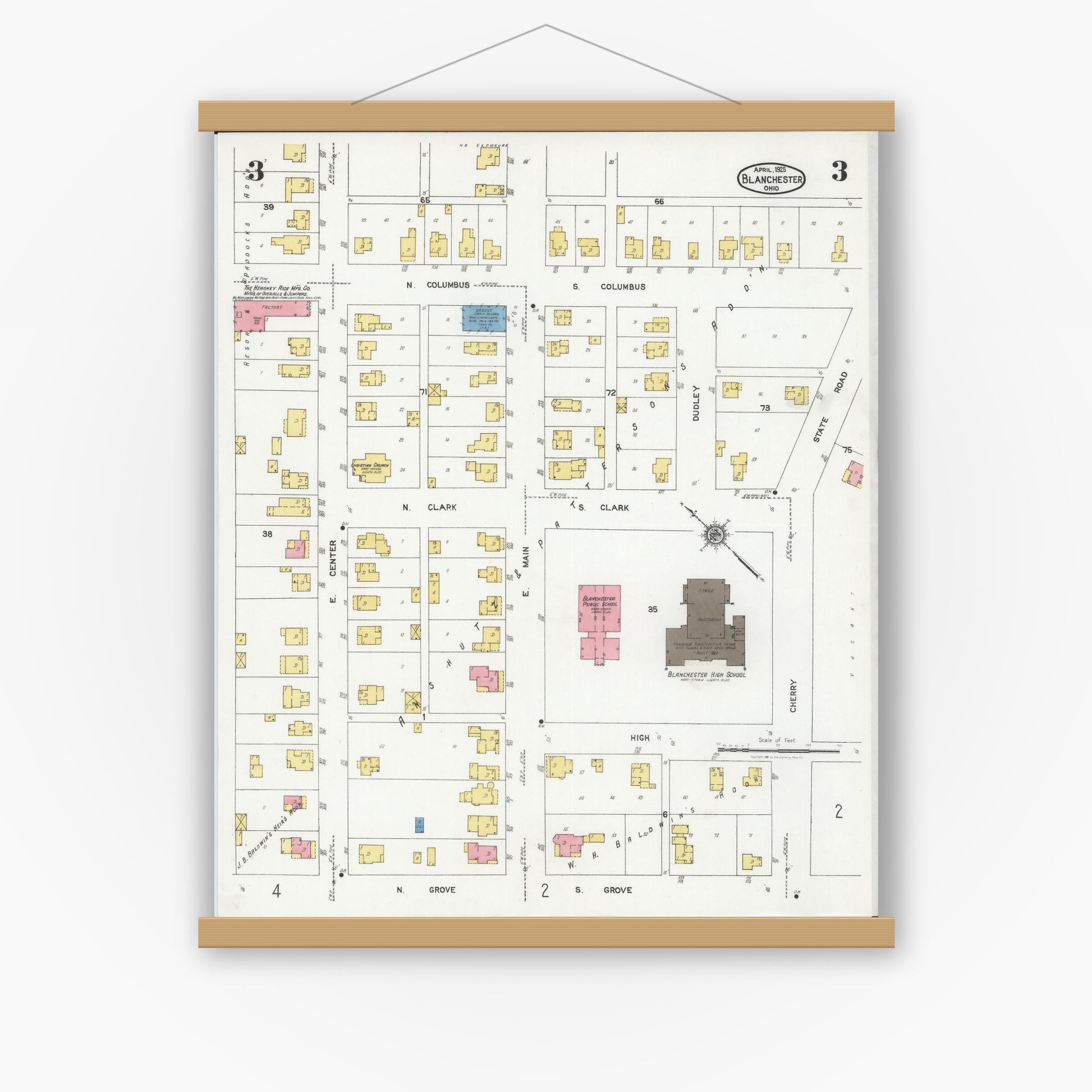 Old map wall art mockup — magnetic wood frame on white wall — Sanborn Fire Insurance Map from Blanchester, Clinton County, Ohio (1925), Sheet #0003