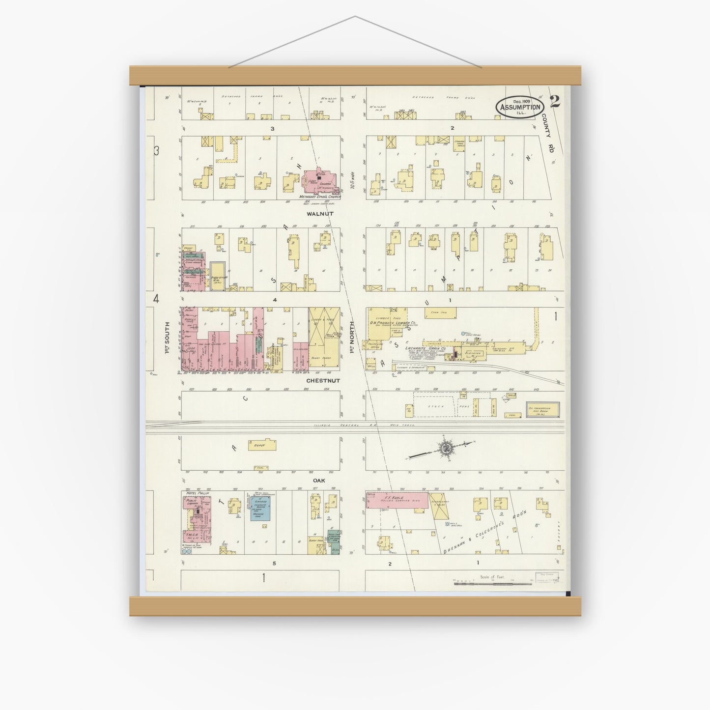 Old map wall art mockup — magnetic wood frame on white wall — Sanborn Fire Insurance Map from Assumption, Christian County, Illinois (1909), Sheet #0002