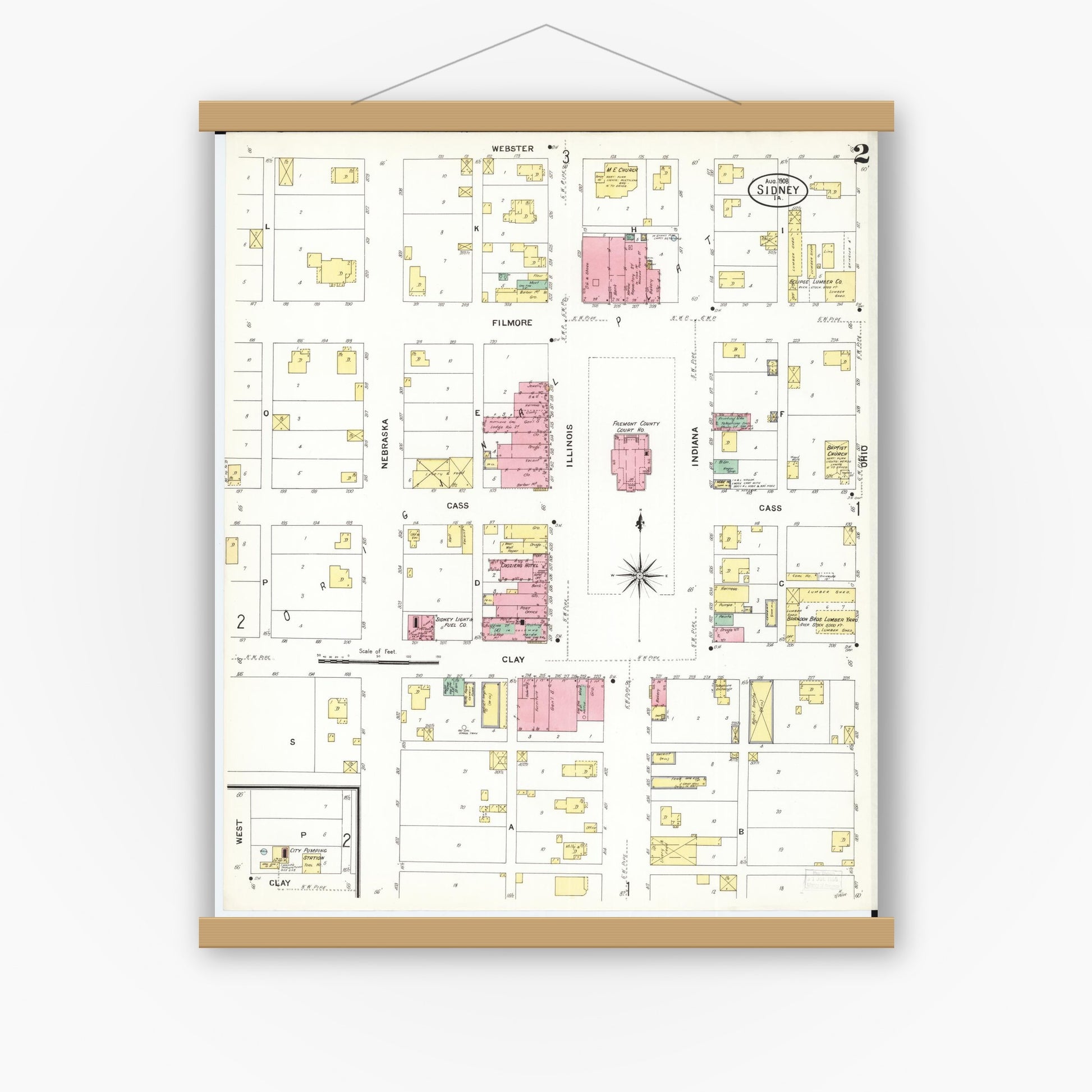 Old map wall art mockup — magnetic wood frame on white wall — Sanborn Fire Insurance Map from Sidney, Fremont County, Iowa (1908), Sheet #0002