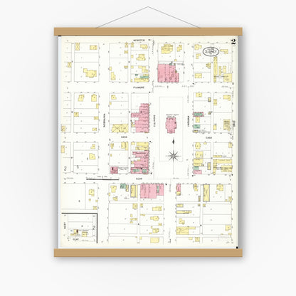 Old map wall art mockup — magnetic wood frame on white wall — Sanborn Fire Insurance Map from Sidney, Fremont County, Iowa (1908), Sheet #0002