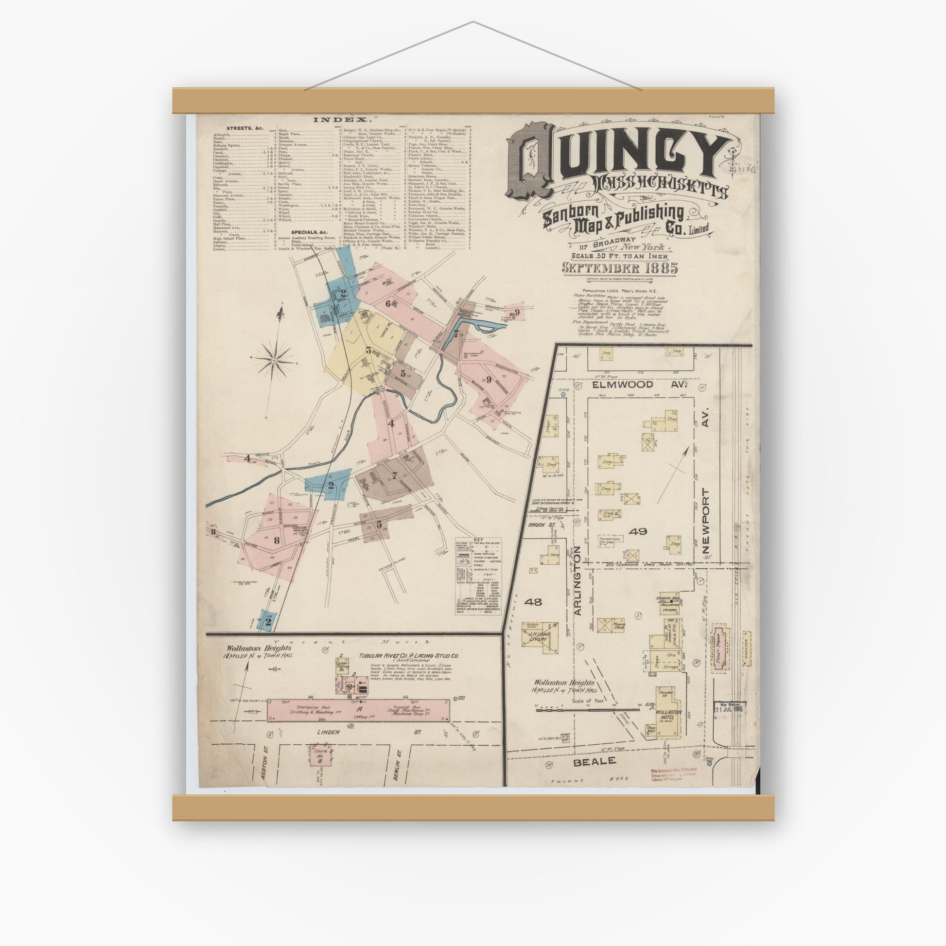 Old map wall art mockup — magnetic wood frame on white wall — Sanborn Fire Insurance Map from Quincy, Norfolk County, Massachusetts (1885) - Complete Map Set