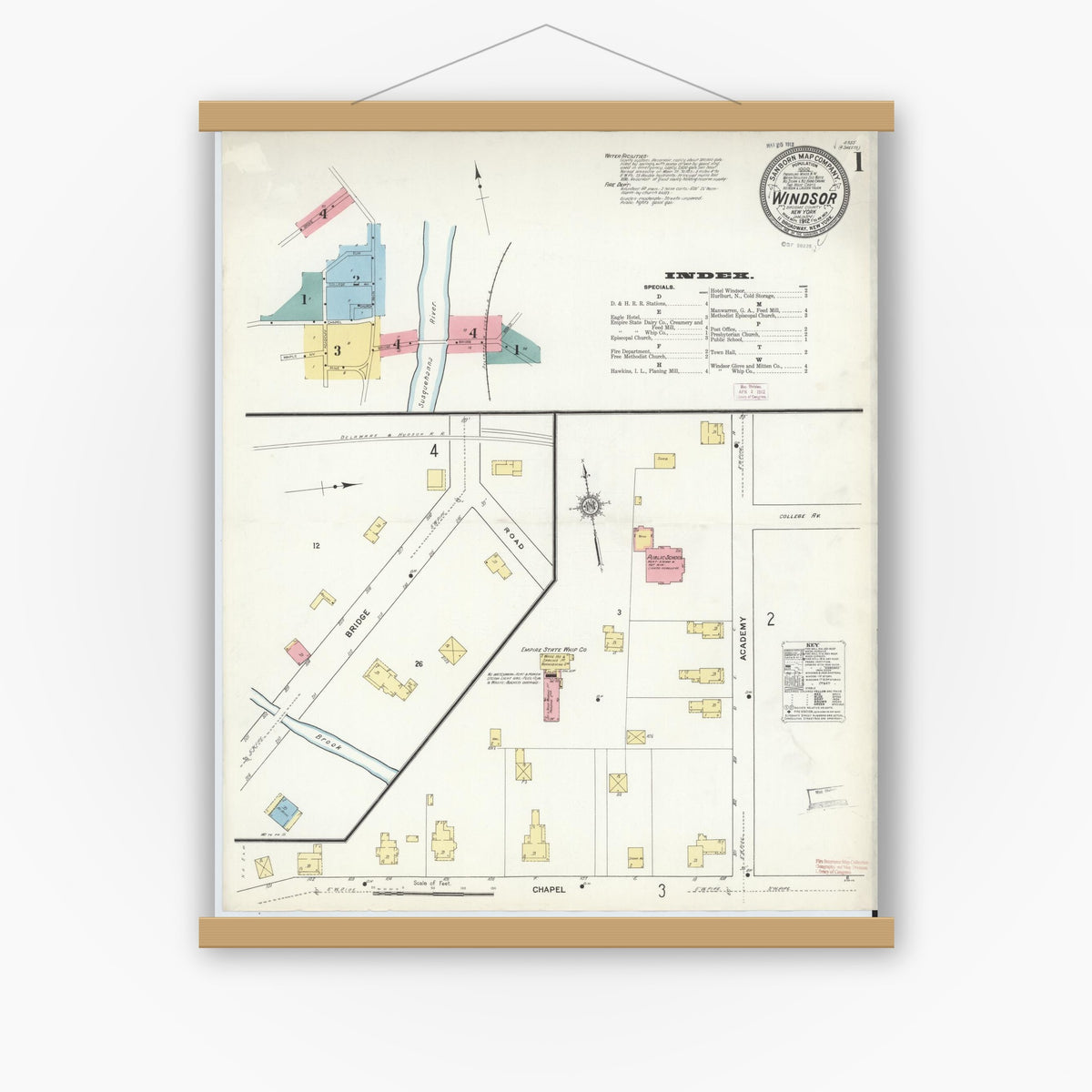 Old map wall art mockup — magnetic wood frame on white wall — Sanborn Fire Insurance Map from Windsor, Broome County, New York (1912), Sheet #0001