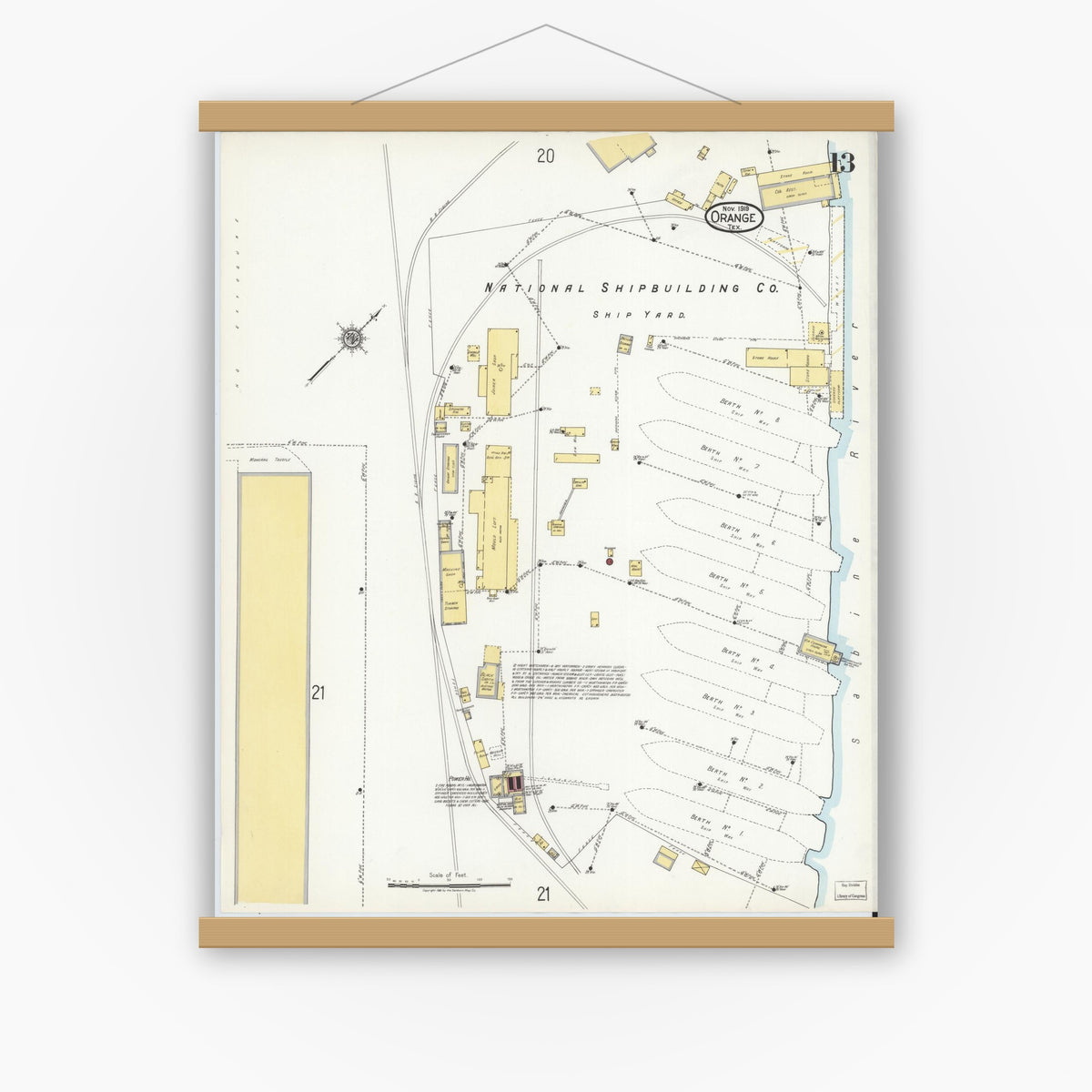 Old map wall art mockup — magnetic wood frame on white wall — Sanborn Fire Insurance Map from Orange, Orange County, Texas (1919), Sheet #0013