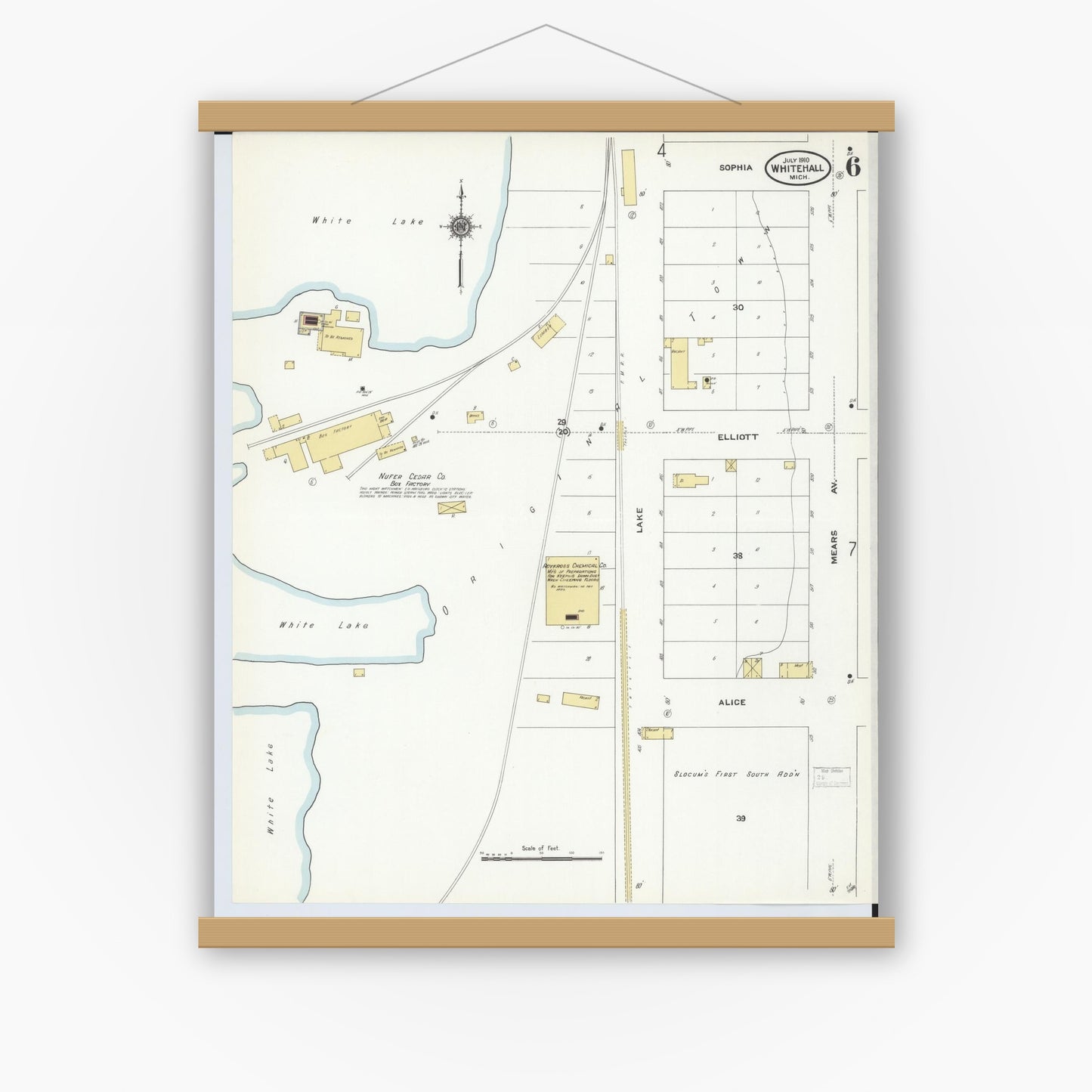 Old map wall art mockup — magnetic wood frame on white wall — Sanborn Fire Insurance Map from Whitehall, Muskegon County, Michigan (1910), Sheet #0006