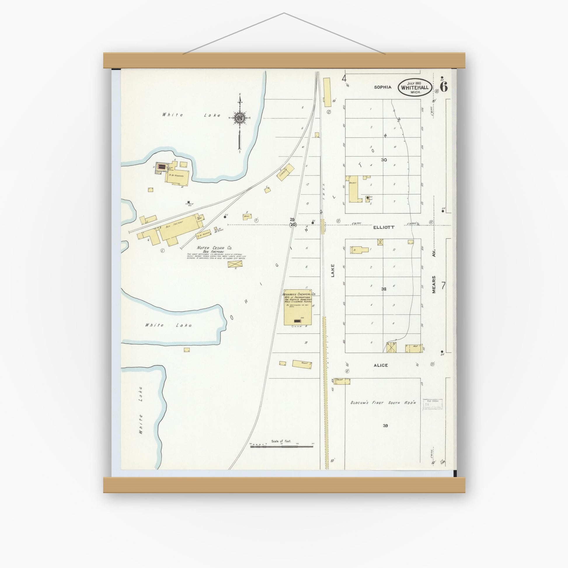 Old map wall art mockup — magnetic wood frame on white wall — Sanborn Fire Insurance Map from Whitehall, Muskegon County, Michigan (1910), Sheet #0006