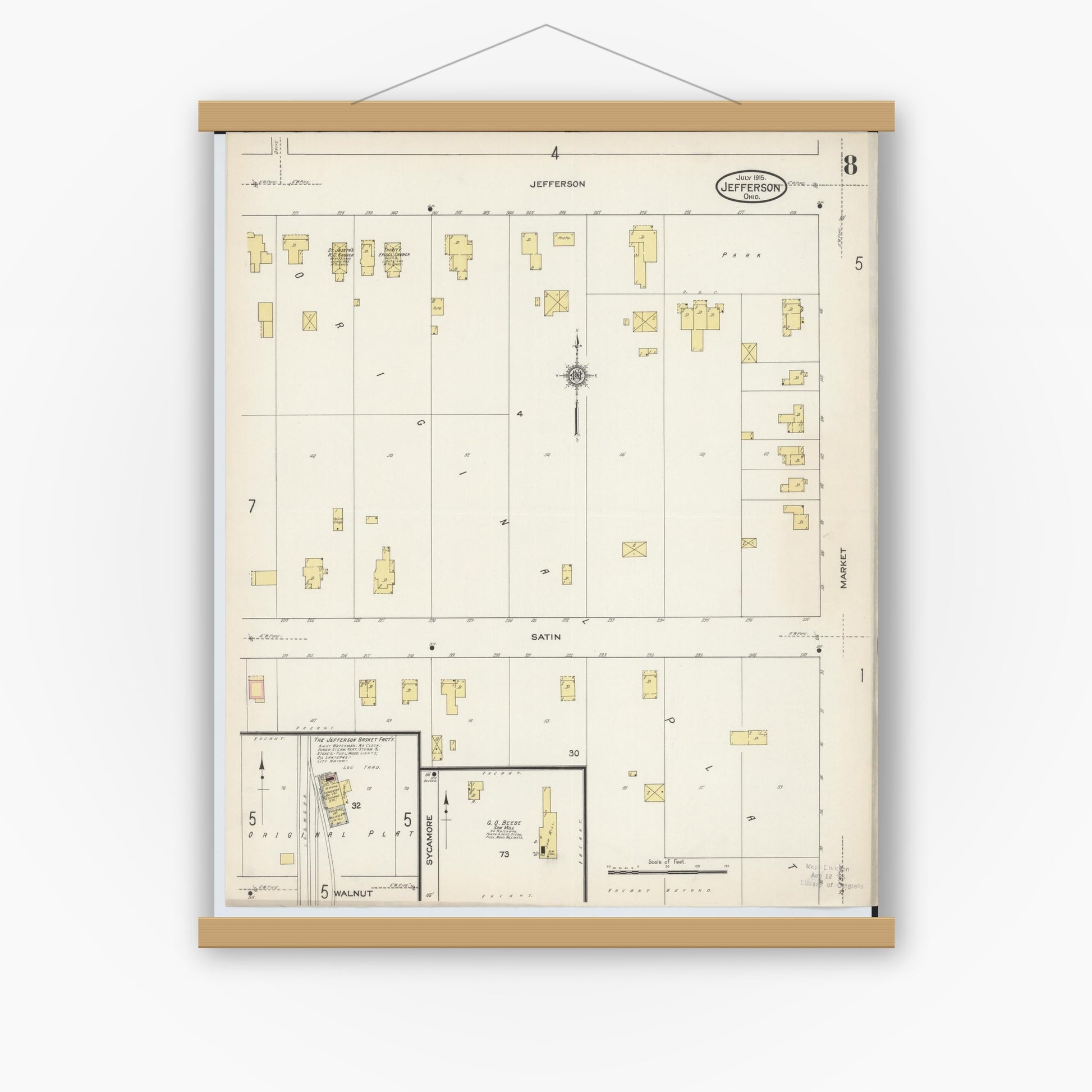 Old map wall art mockup — magnetic wood frame on white wall — Sanborn Fire Insurance Map from Jefferson, Ashtabula County, Ohio (1915), Sheet #0008