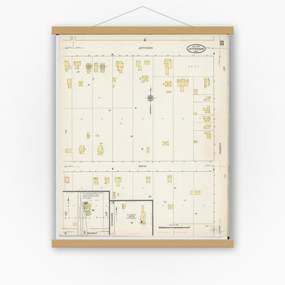 Old map wall art mockup — magnetic wood frame on white wall — Sanborn Fire Insurance Map from Jefferson, Ashtabula County, Ohio (1915), Sheet #0008