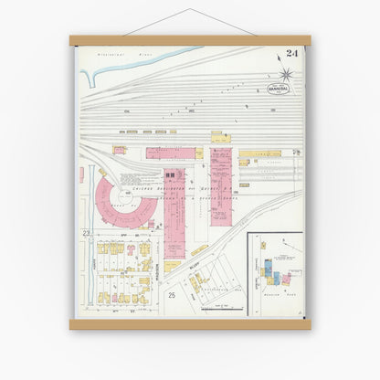 Old map wall art mockup — magnetic wood frame on white wall — Sanborn Fire Insurance Map from Hannibal, Marion County, Missouri (1906), Sheet #0024