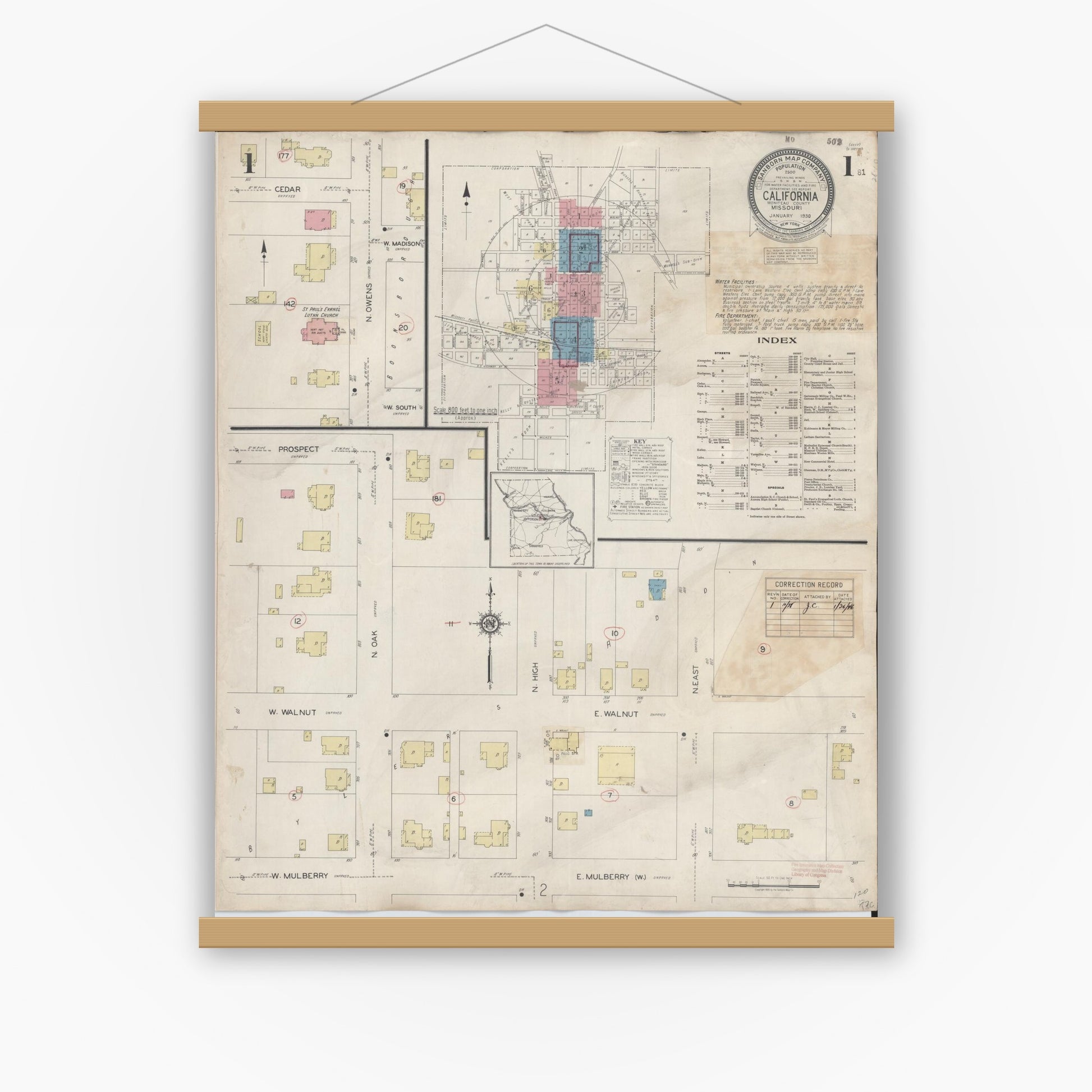 Old map wall art mockup — magnetic wood frame on white wall — Sanborn Fire Insurance Map from California, Moniteau County, Missouri (1938) - Complete Map Set