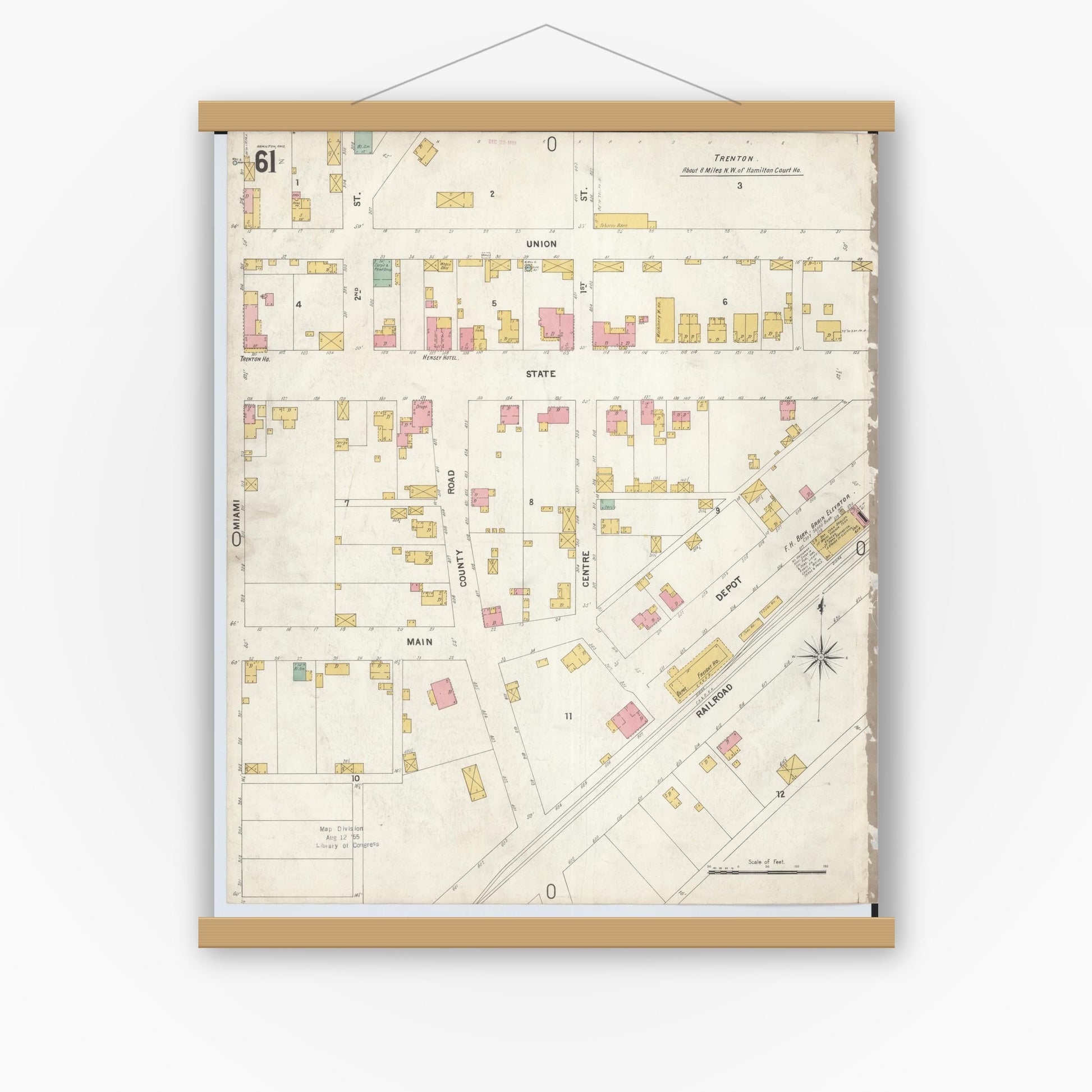 Old map wall art mockup — magnetic wood frame on white wall — Sanborn Fire Insurance Map from Hamilton, Butler County, Ohio (1899), Sheet #0061