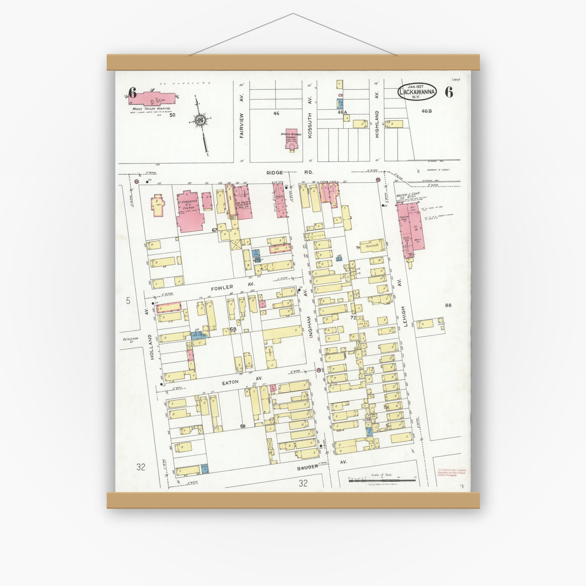 Old map wall art mockup — magnetic wood frame on white wall — Sanborn Fire Insurance Map from Lackawanna, Erie County, New York (1927), Sheet #0006
