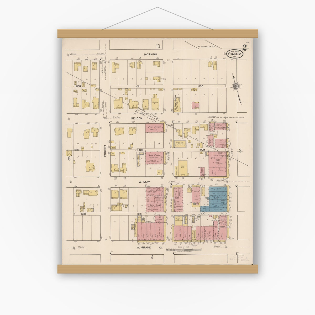 Old map wall art mockup — magnetic wood frame on white wall — Sanborn Fire Insurance Map from Yoakum, De Witt And Lavaca Counties, Texas (1922), Sheet #0002
