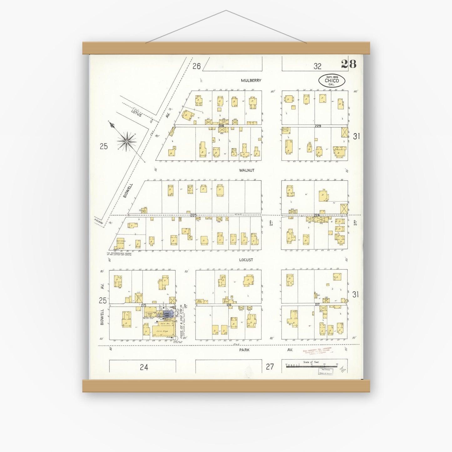 Old map wall art mockup — magnetic wood frame on white wall — Sanborn Fire Insurance Map from Chico, Butte County, California (1909), Sheet #0028