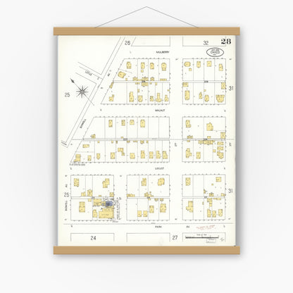 Old map wall art mockup — magnetic wood frame on white wall — Sanborn Fire Insurance Map from Chico, Butte County, California (1909), Sheet #0028