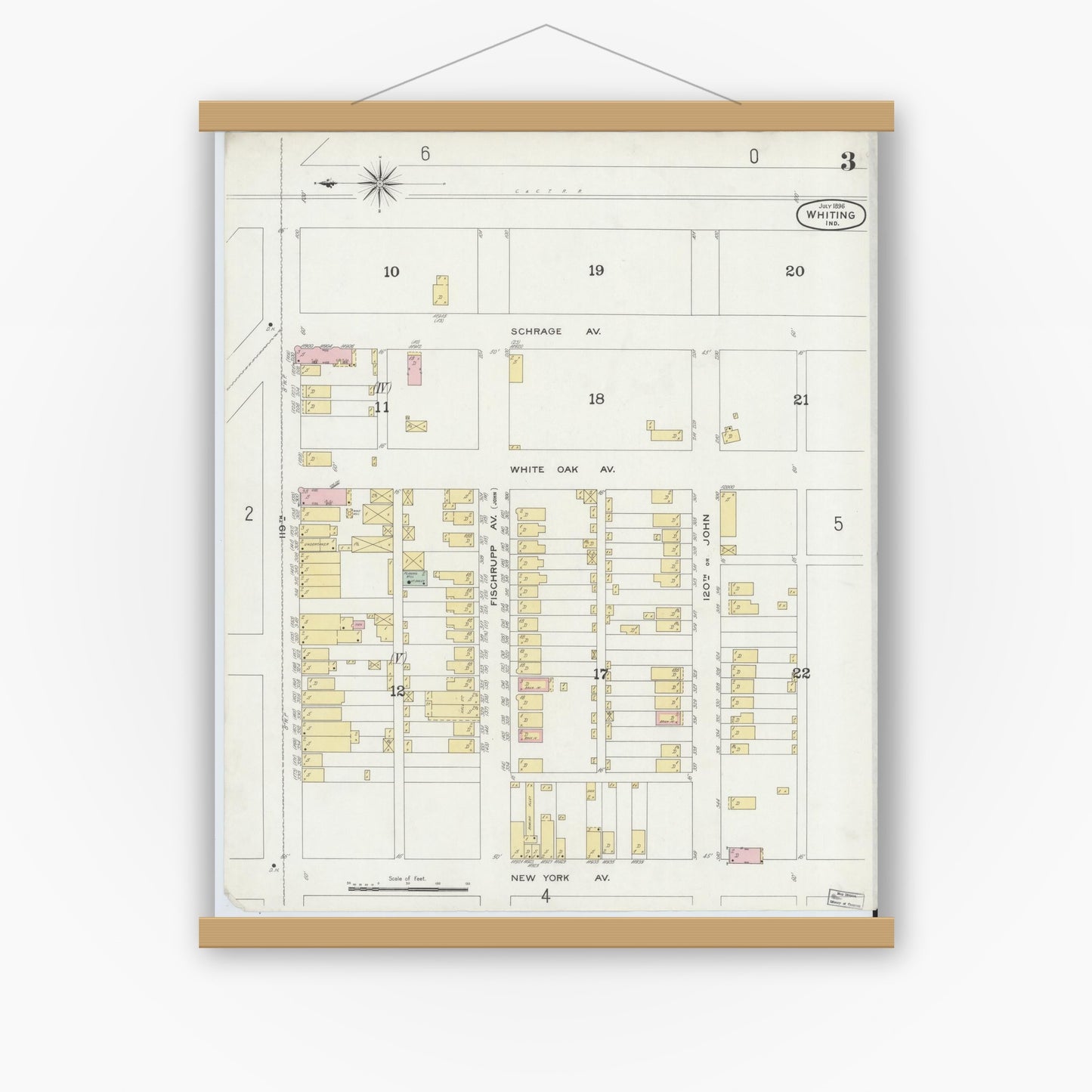 Old map wall art mockup — magnetic wood frame on white wall — Sanborn Fire Insurance Map from Whiting, Lake County, Indiana (1896), Sheet #0003