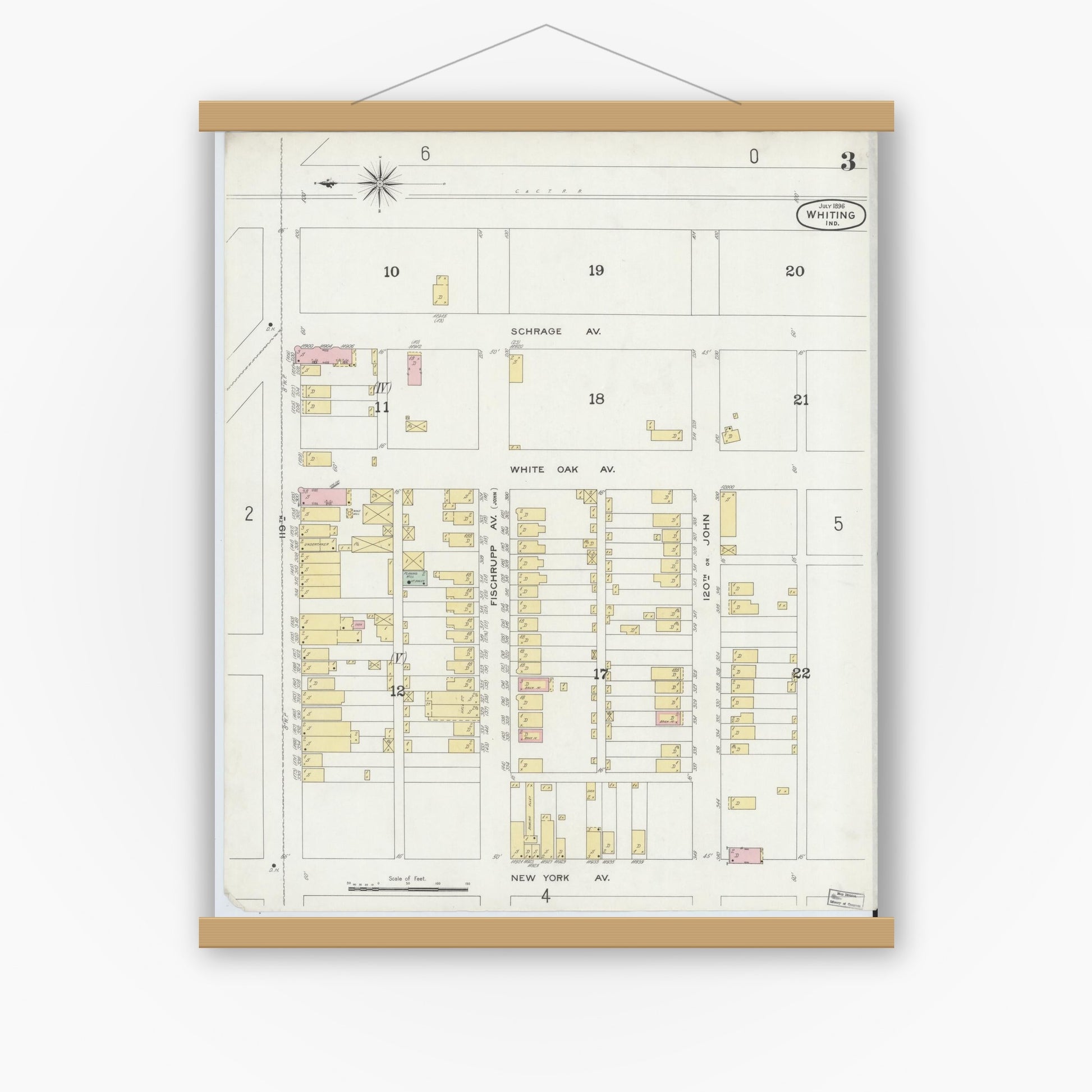 Old map wall art mockup — magnetic wood frame on white wall — Sanborn Fire Insurance Map from Whiting, Lake County, Indiana (1896), Sheet #0003