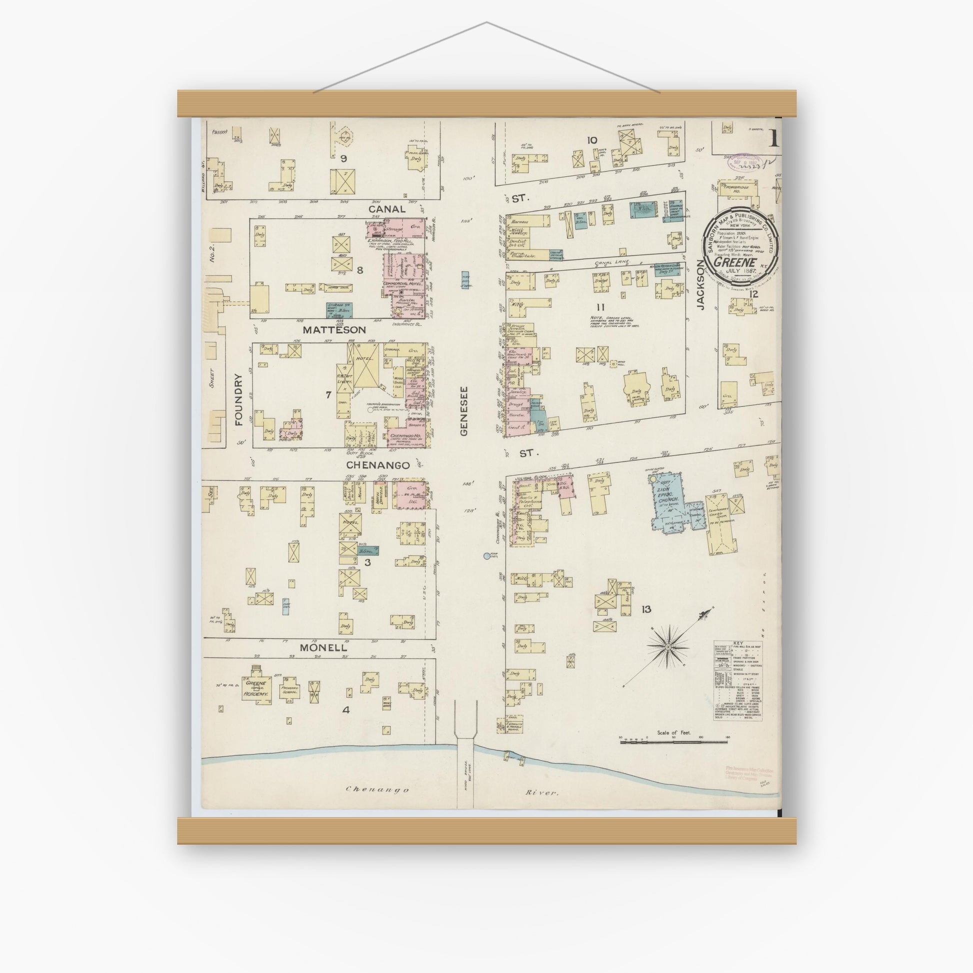 Old map wall art mockup — magnetic wood frame on white wall — Sanborn Fire Insurance Map from Greene, Chenango County, New York (1887), Sheet #0001